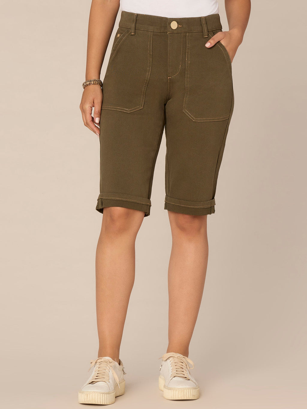 "Ab"solution High Rise Cuffed Hem Bermuda Shorts with Coin Pockets