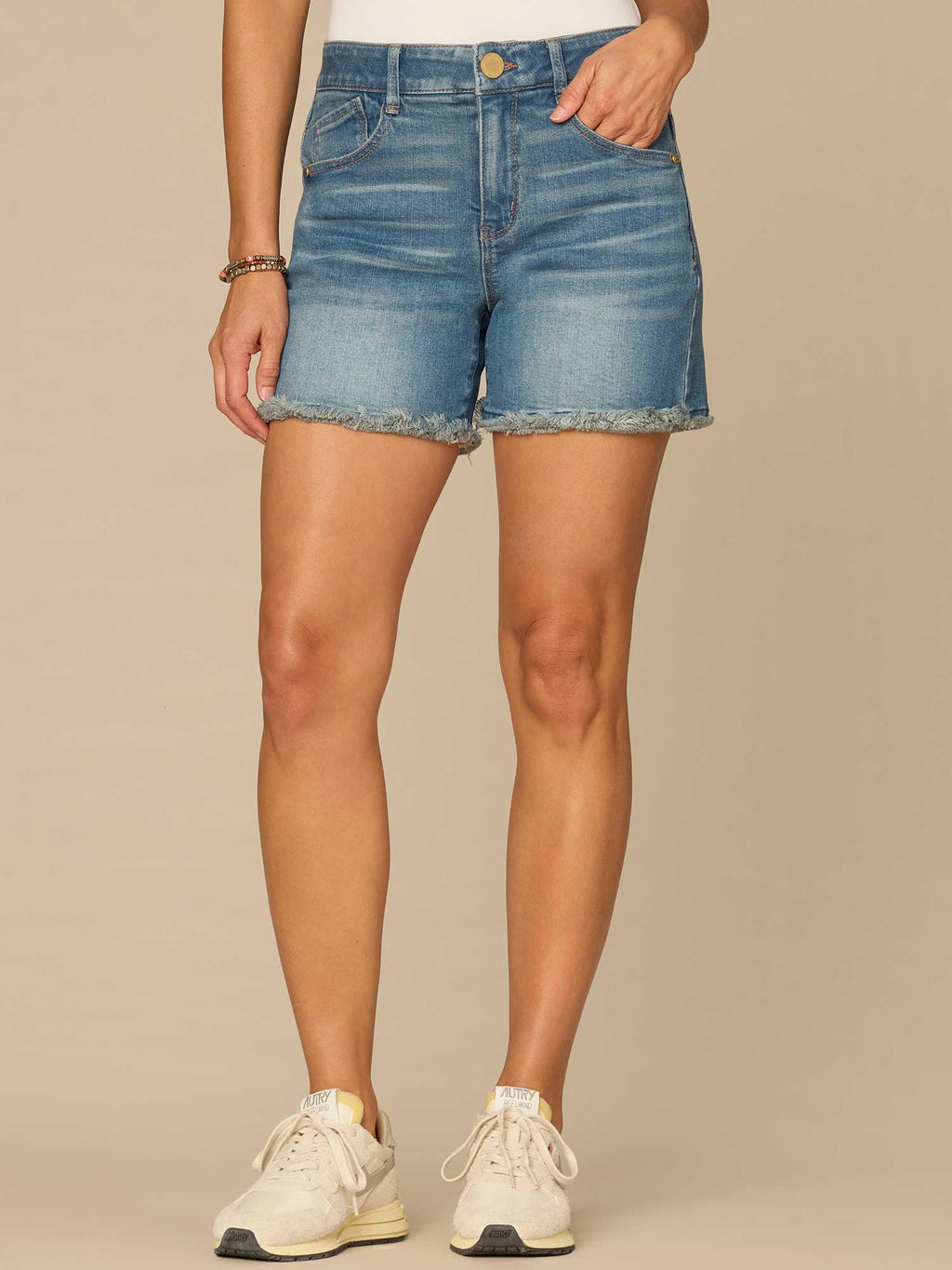 "Ab"solution® High Rise Cascading D Clean Finish Fray Hem Shorts
