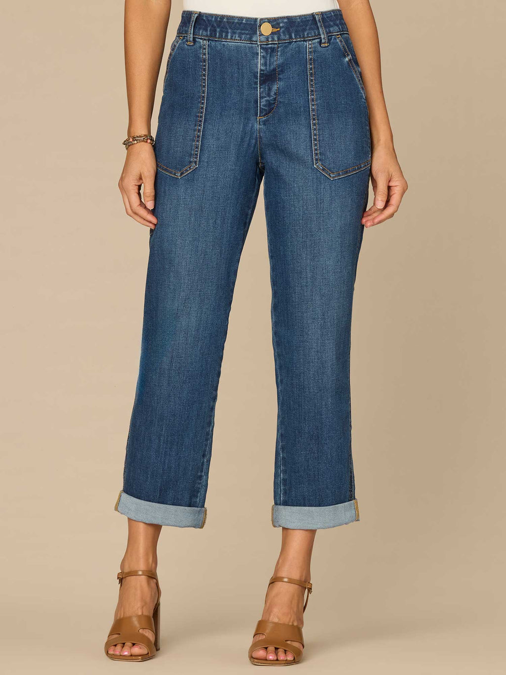 "Ab"solution® High Rise Patch Pocket Roll Cuff Utility Jeans