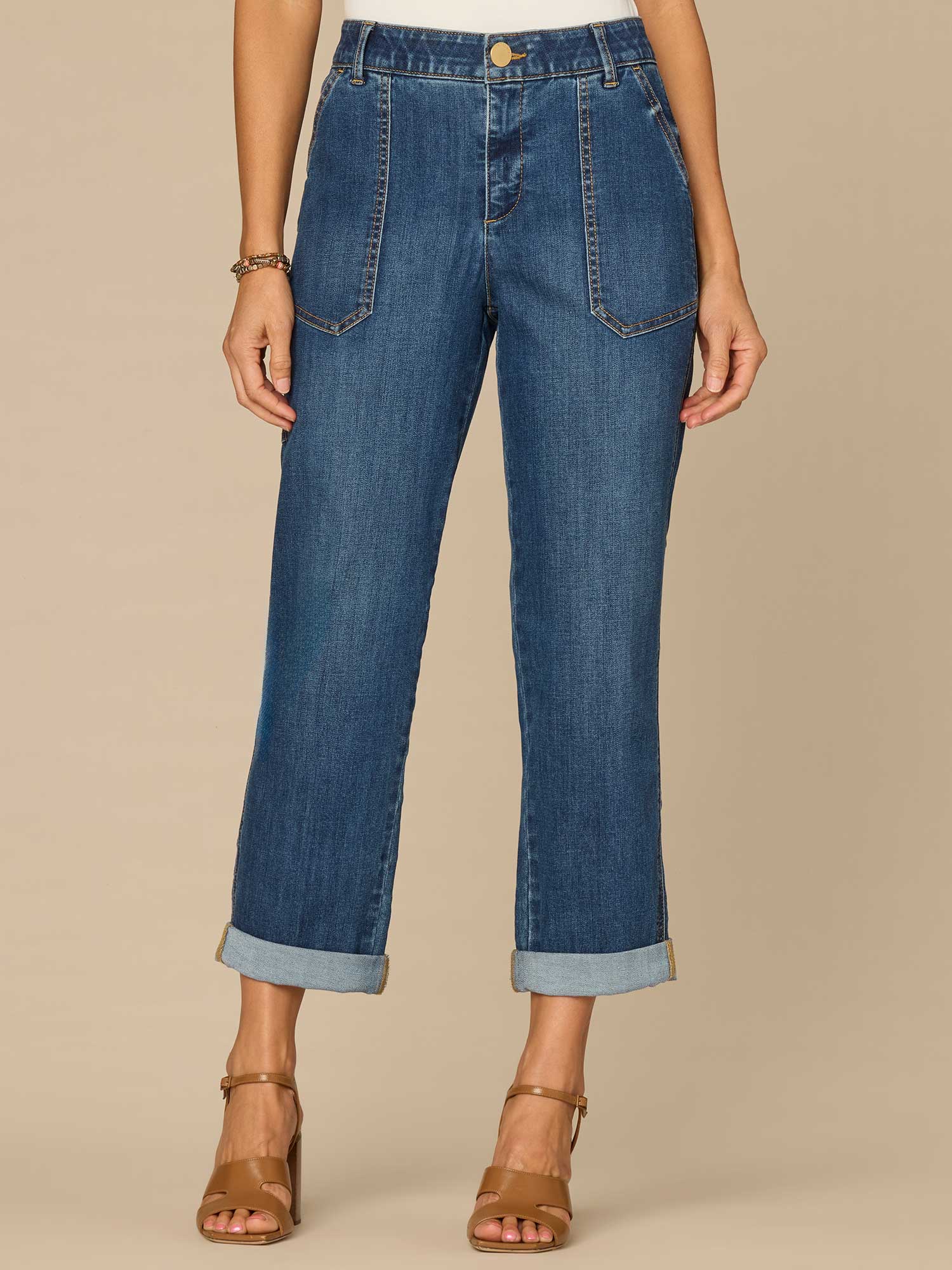 "Ab"solution® High Rise Patch Pocket Roll Cuff Utility Jeans