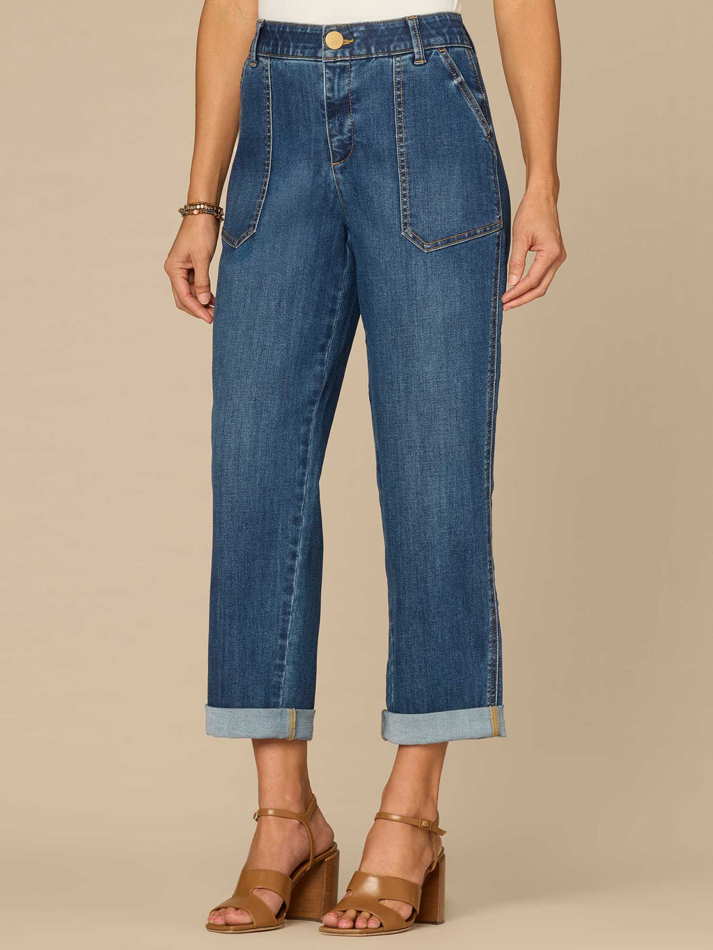 "Ab"solution® High Rise Patch Pocket Roll Cuff Utility Jeans