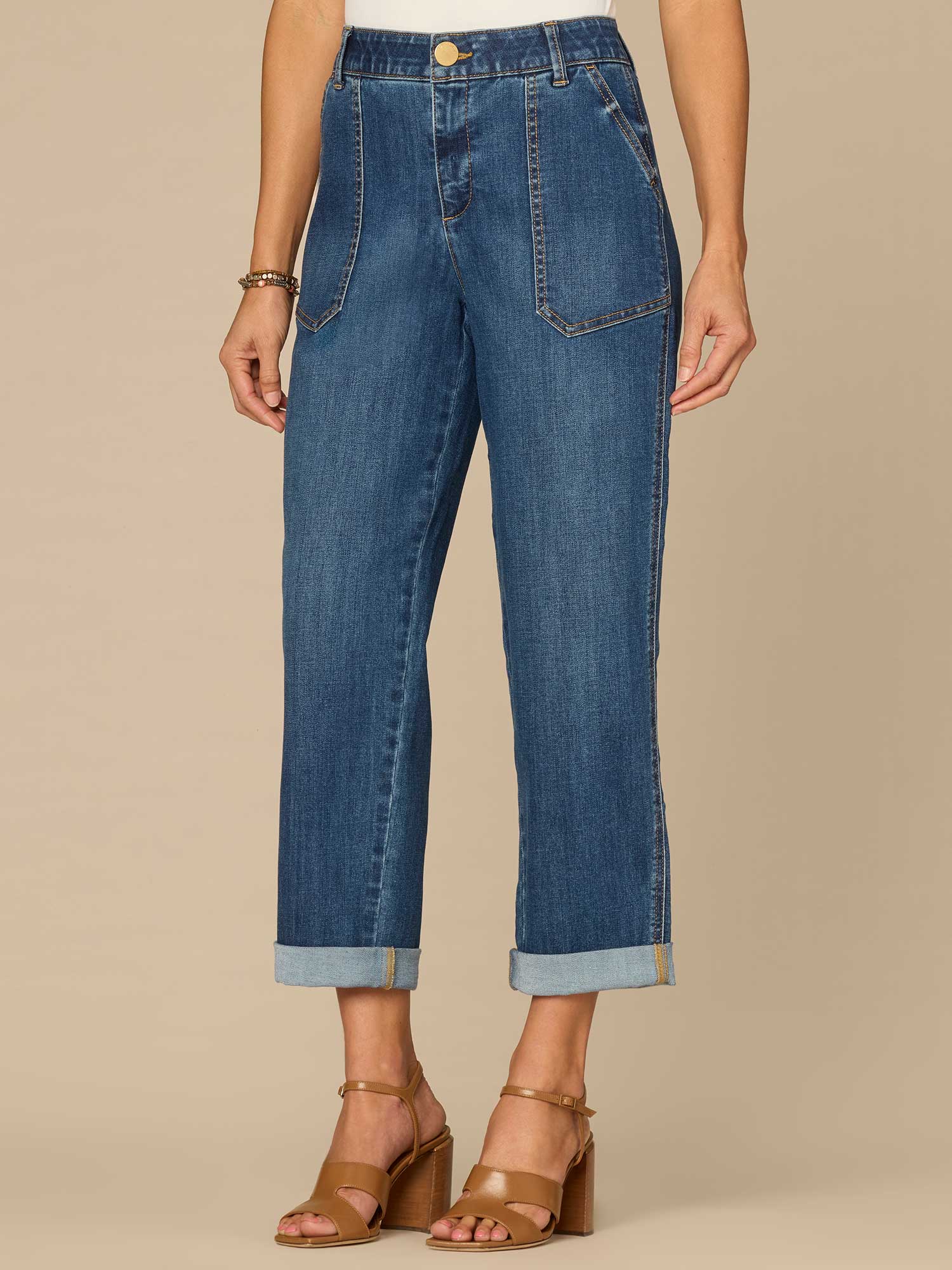 "Ab"solution® High Rise Patch Pocket Roll Cuff Utility Jeans