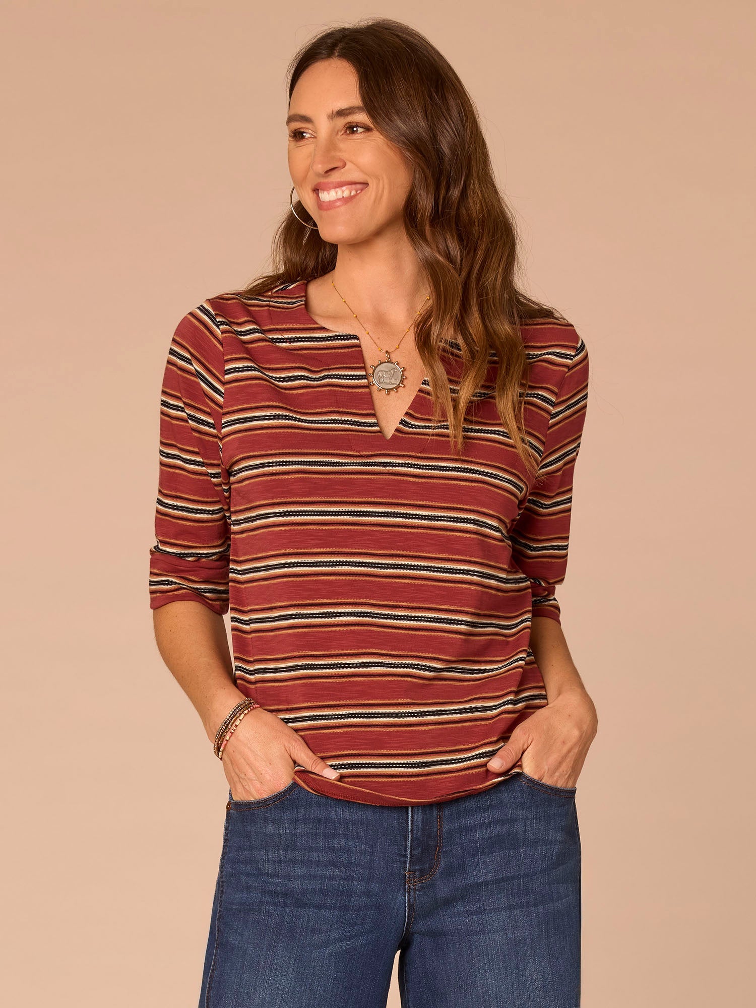 Elbow Roll Cuff Sleeve Split V-Neck Striped Knit Top