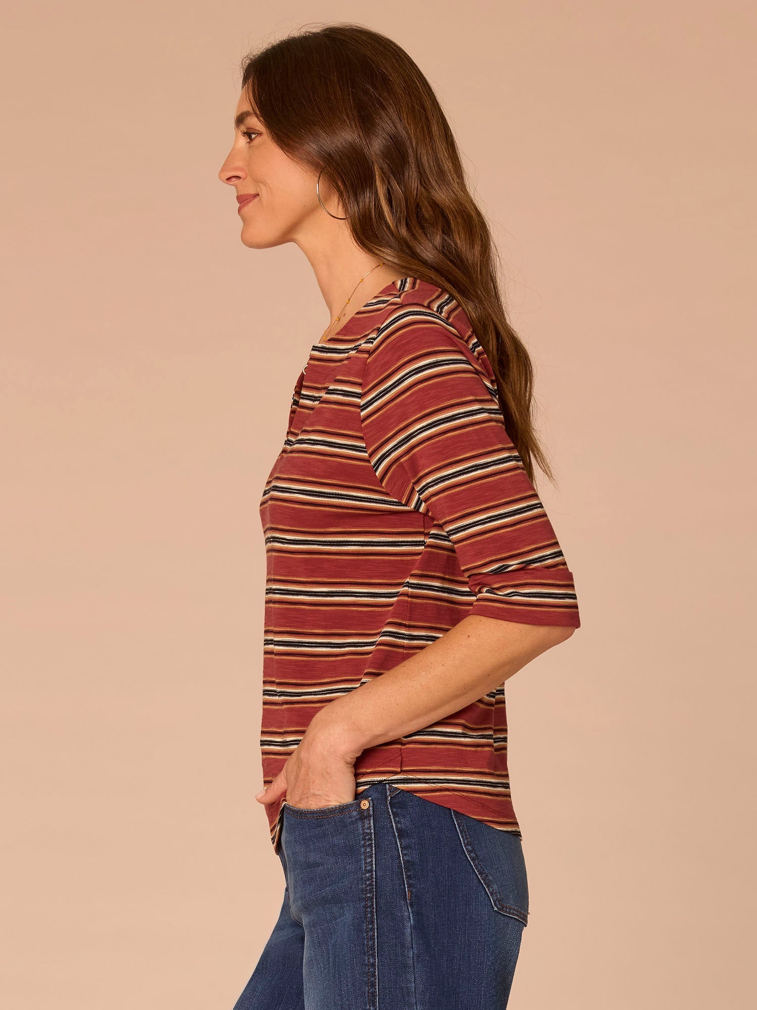 Elbow Roll Cuff Sleeve Split V-Neck Striped Knit Top