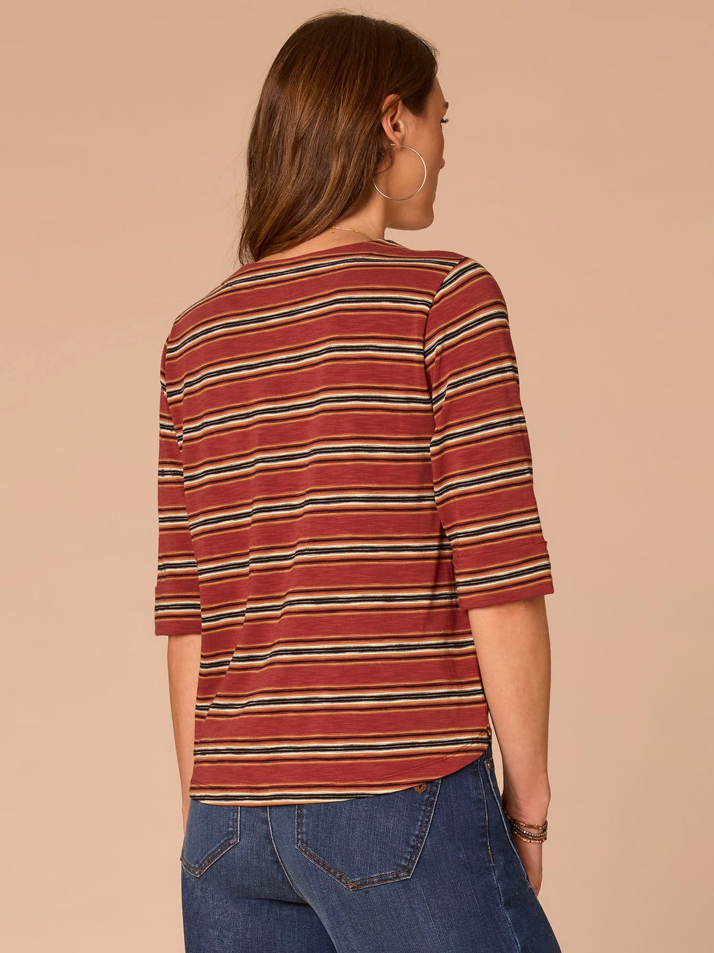 Elbow Roll Cuff Sleeve Split V-Neck Striped Knit Top