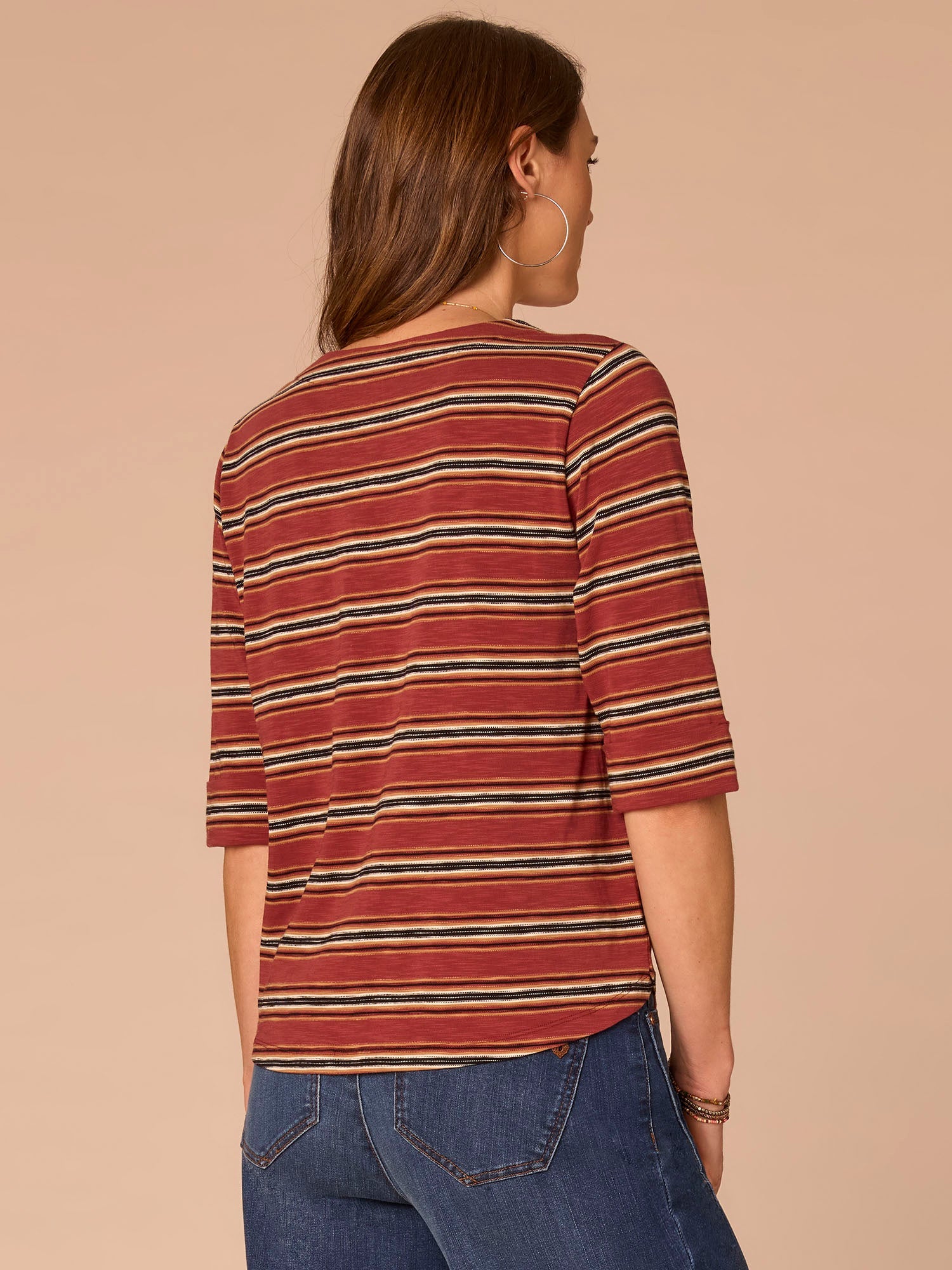 Elbow Roll Cuff Sleeve Split V-Neck Striped Knit Top
