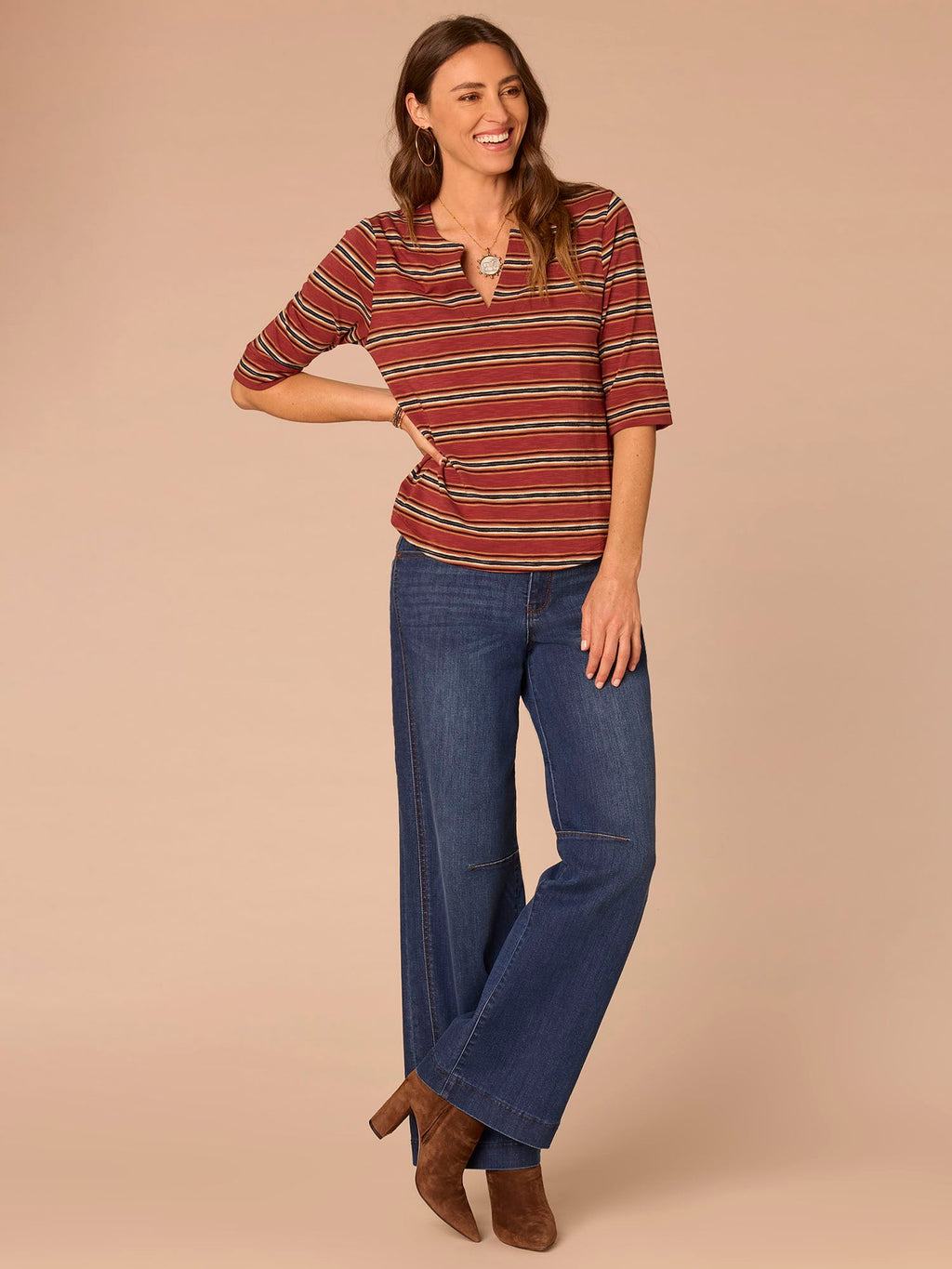 Elbow Roll Cuff Sleeve Split V-Neck Striped Knit Top