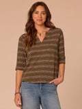 Elbow Roll Cuff Sleeve Split V-Neck Striped Knit Top