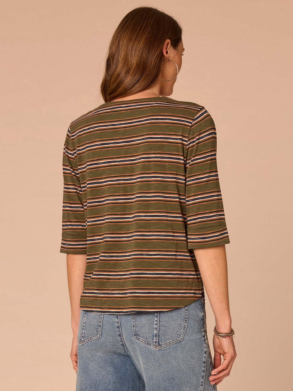 Elbow Roll Cuff Sleeve Split V-Neck Striped Knit Top