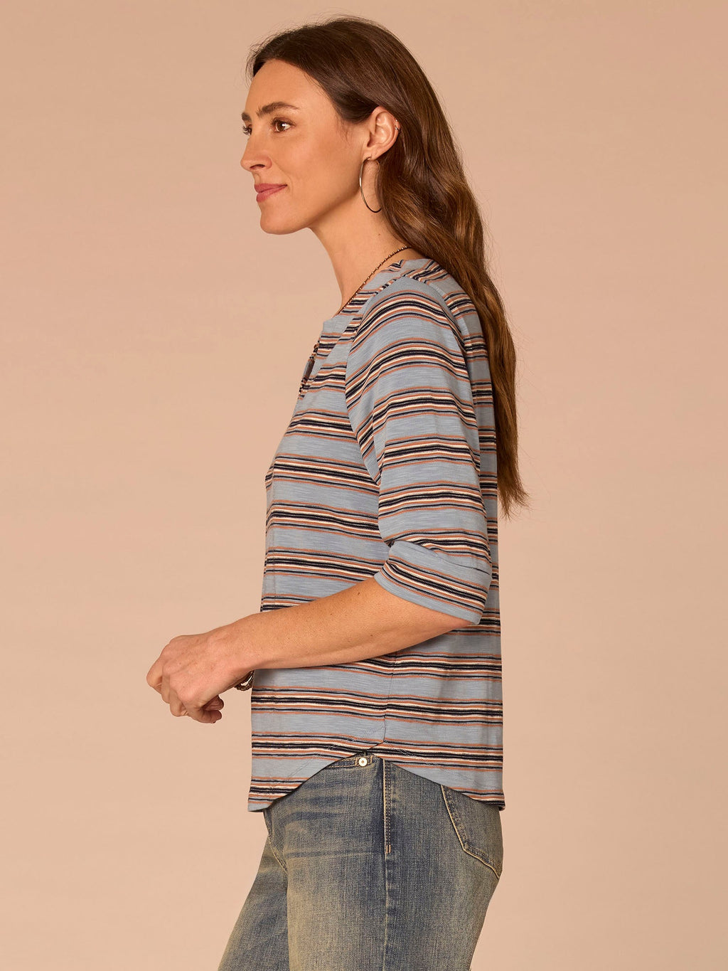 Elbow Roll Cuff Sleeve Split V-Neck Striped Knit Top
