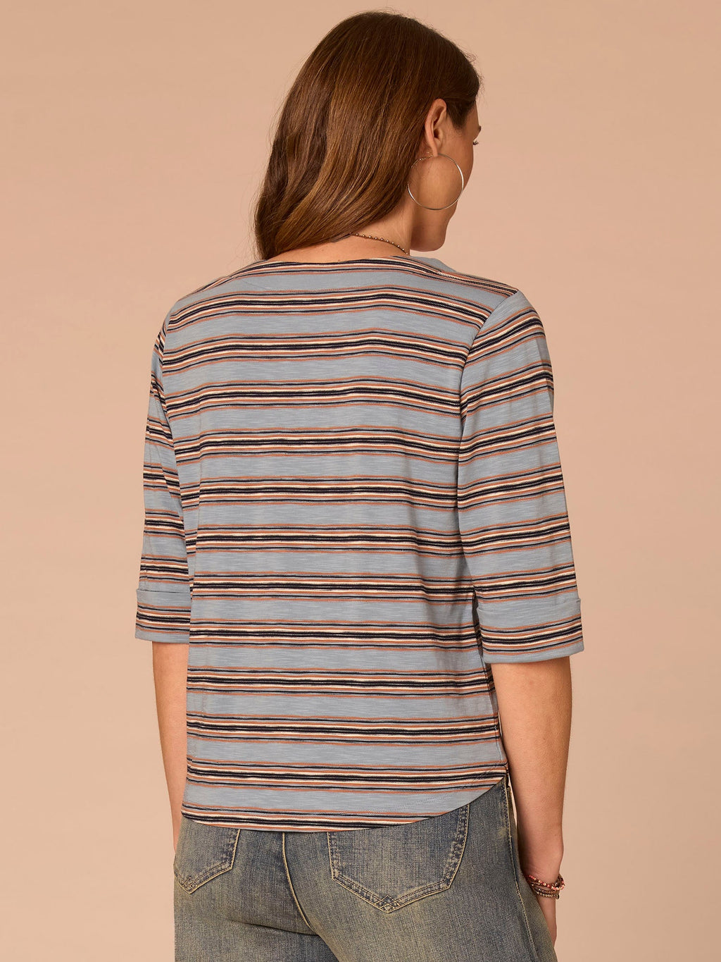 Elbow Roll Cuff Sleeve Split V-Neck Striped Knit Top