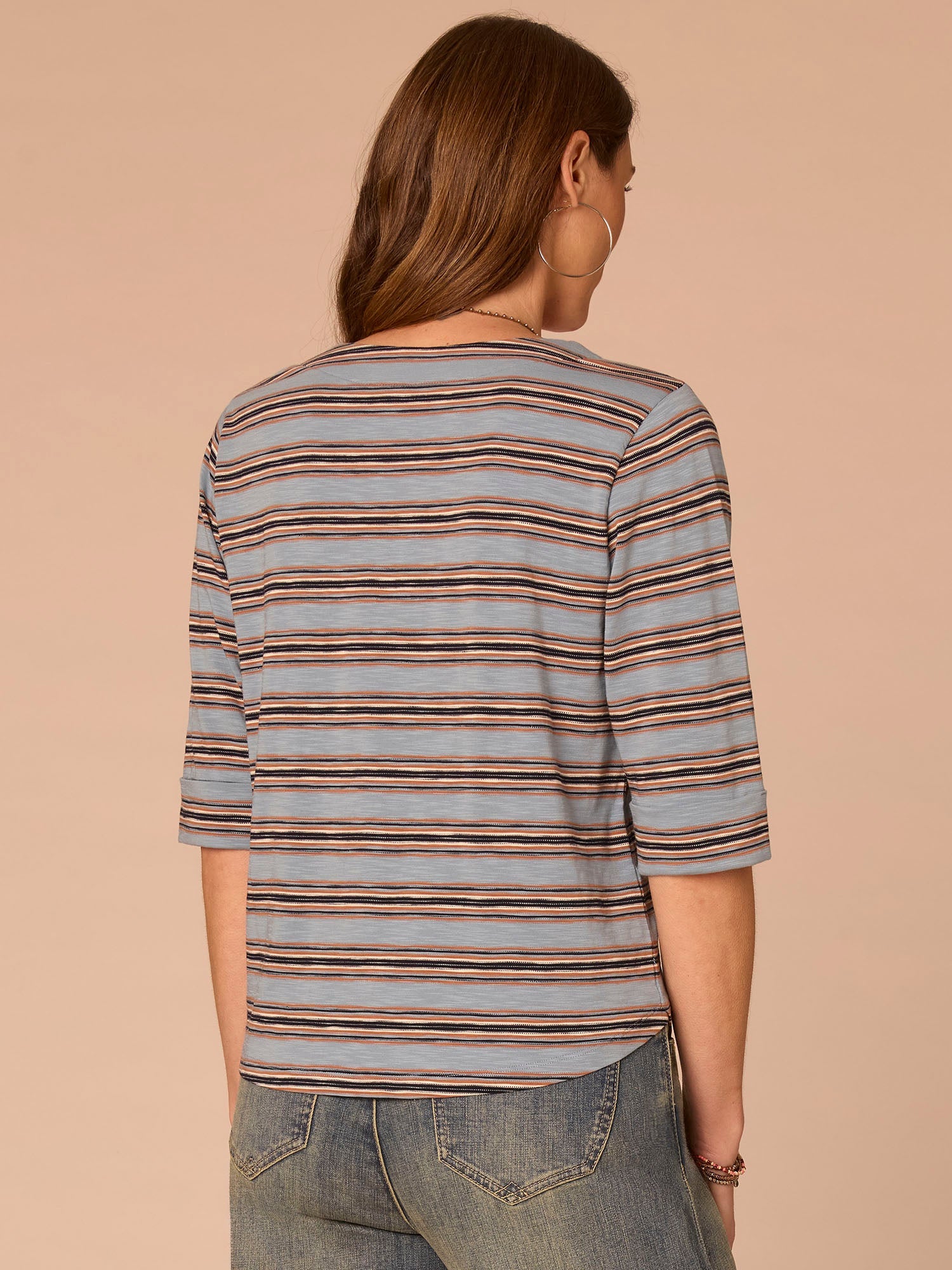 Elbow Roll Cuff Sleeve Split V-Neck Striped Knit Top