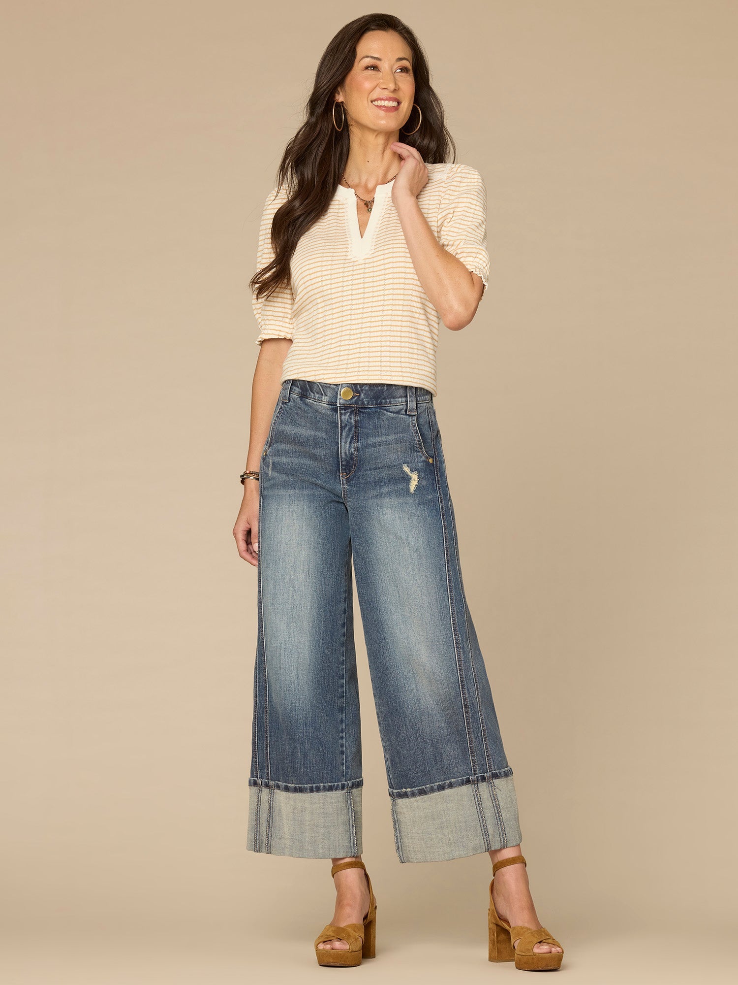 Elbow Puff Sleeve Mandarin Collar Embroidered Striped Petite Knit Top