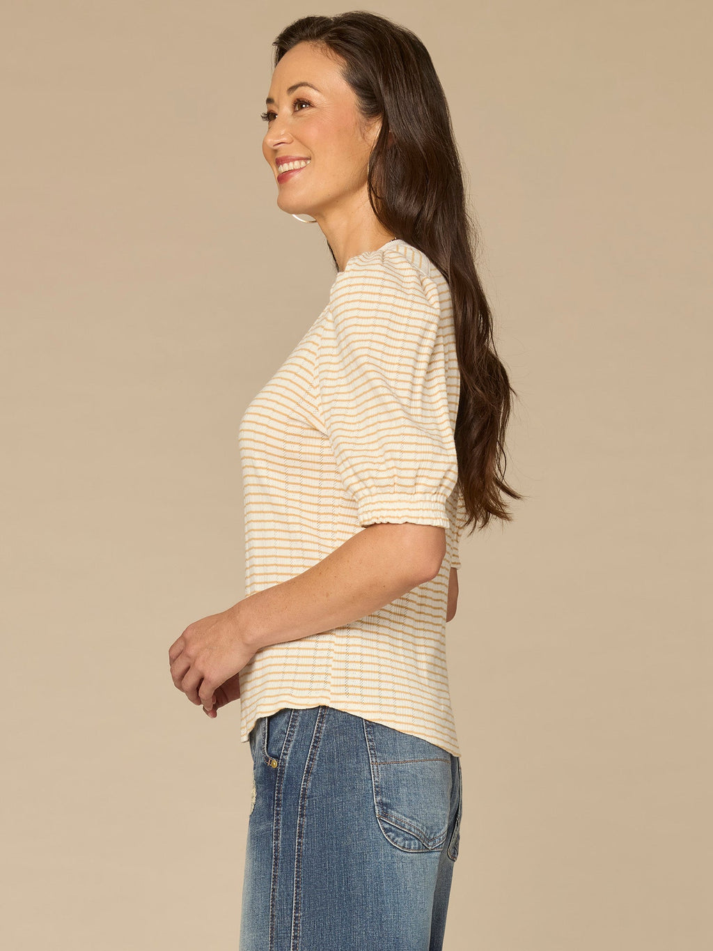 Elbow Puff Sleeve Mandarin Collar Embroidered Striped Petite Knit Top