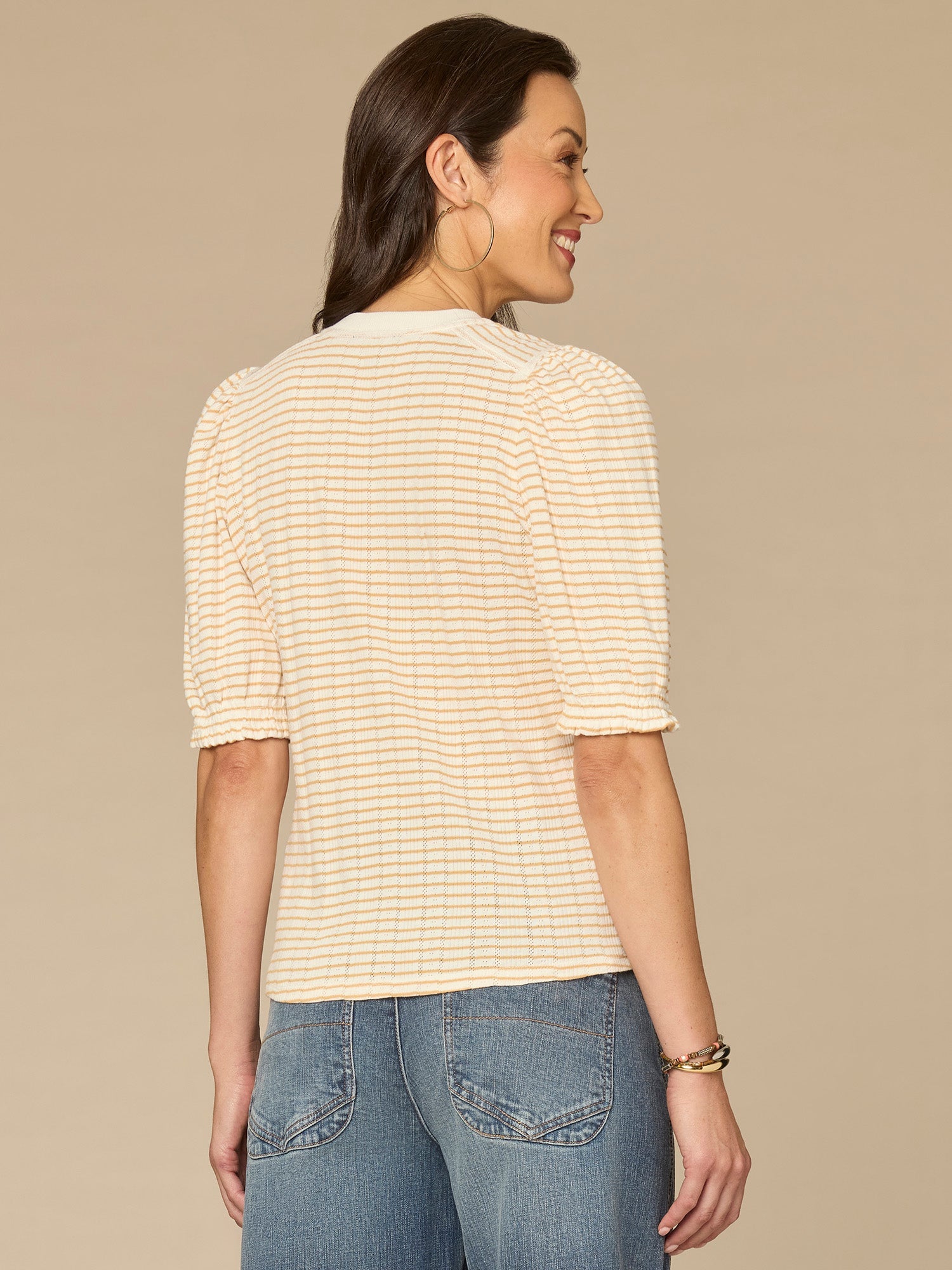 Elbow Puff Sleeve Mandarin Collar Embroidered Striped Petite Knit Top