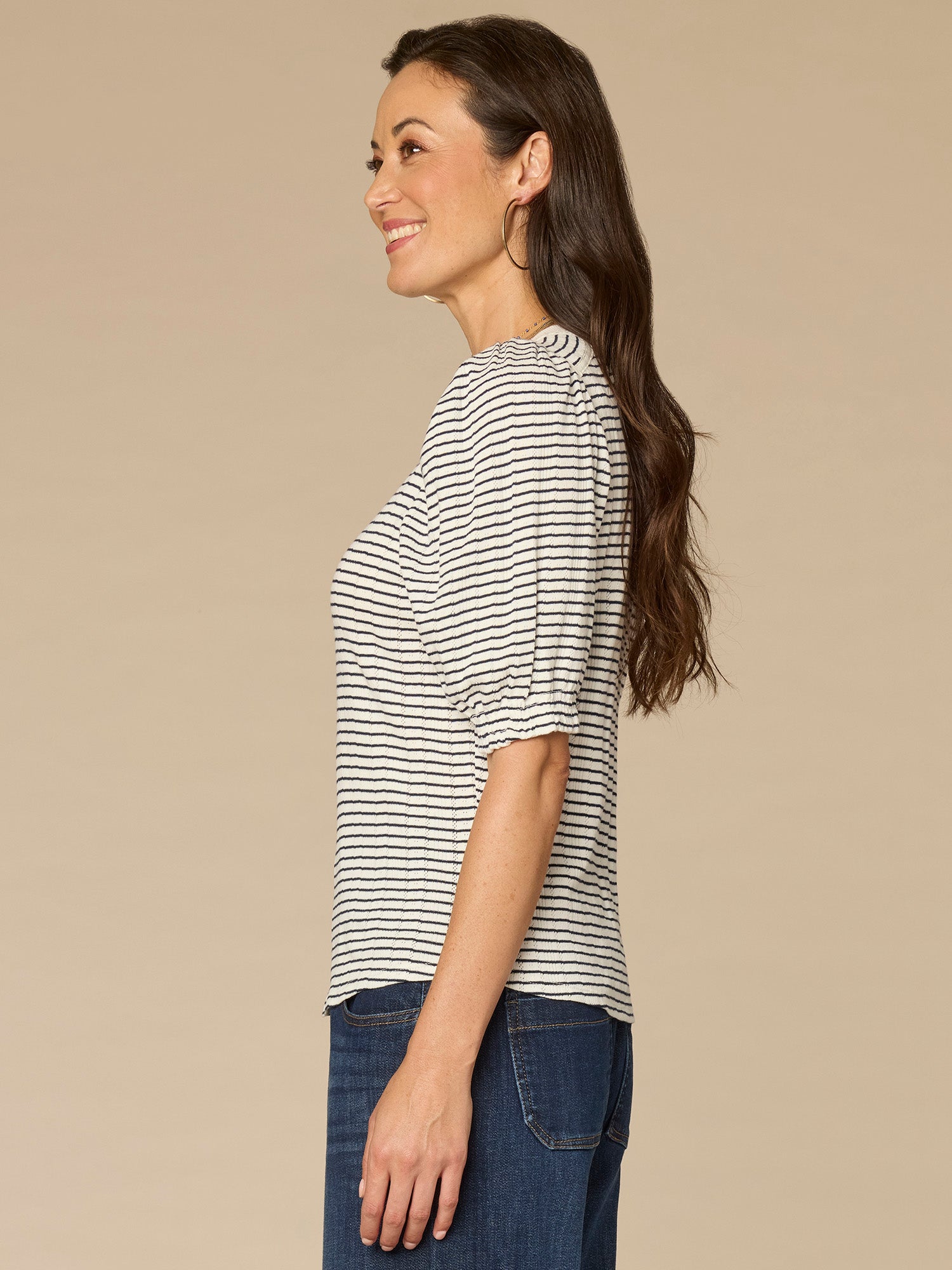 Elbow Puff Sleeve Mandarin Collar Embroidered Striped Petite Knit Top