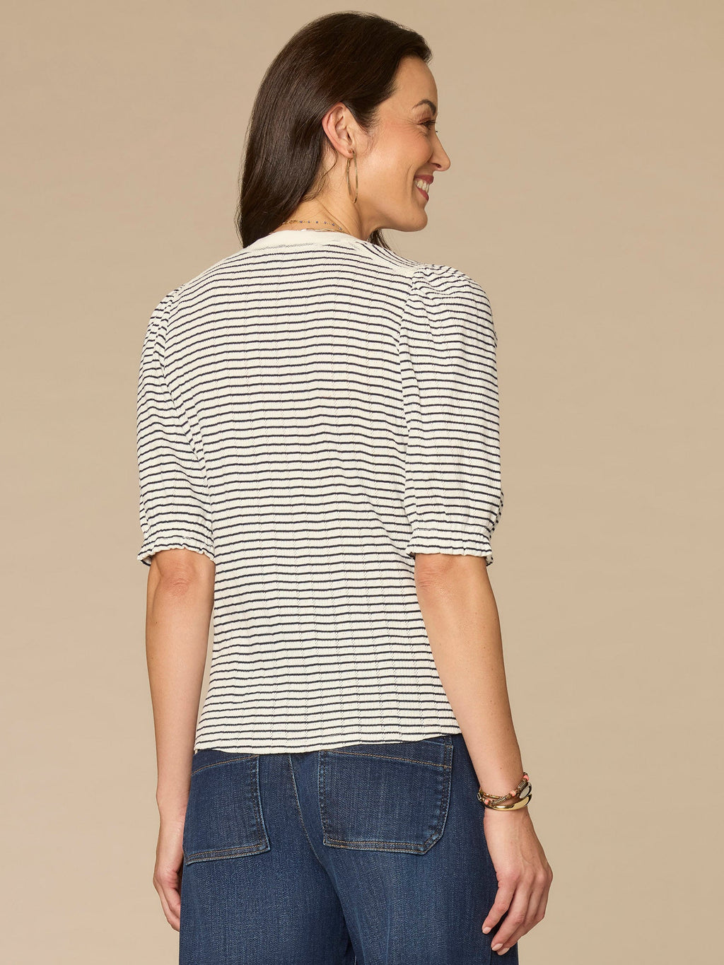 Elbow Puff Sleeve Mandarin Collar Embroidered Striped Petite Knit Top