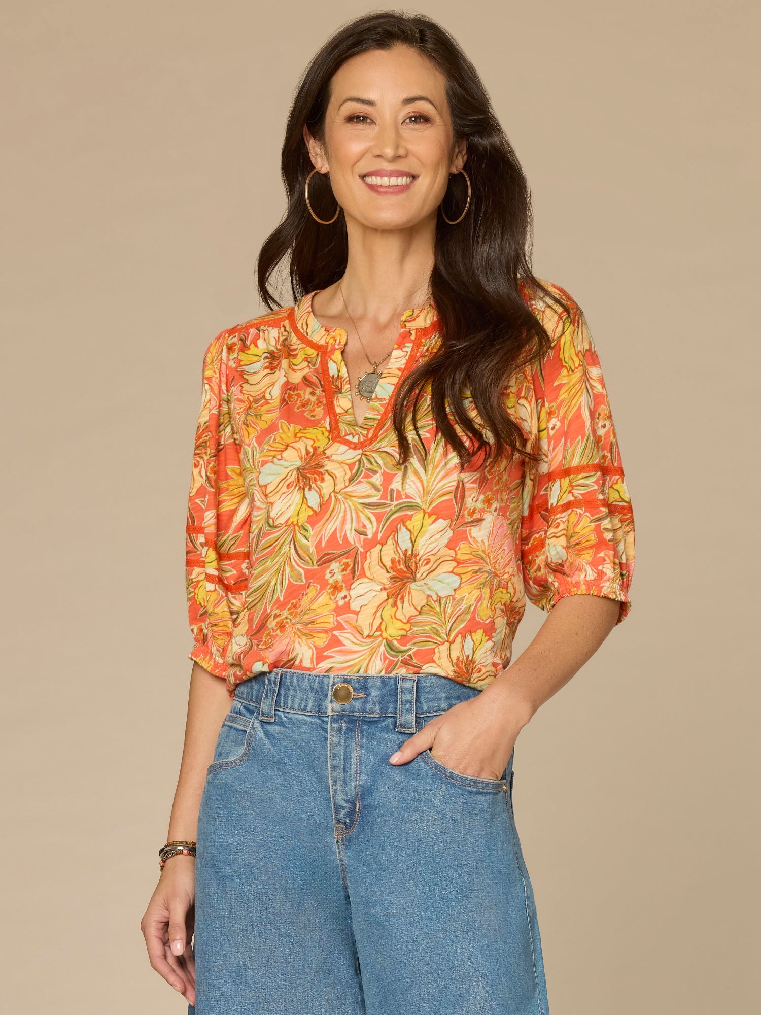 Blouson Sleeve Mandarin Collar Half Placket Floral Print Knit Top