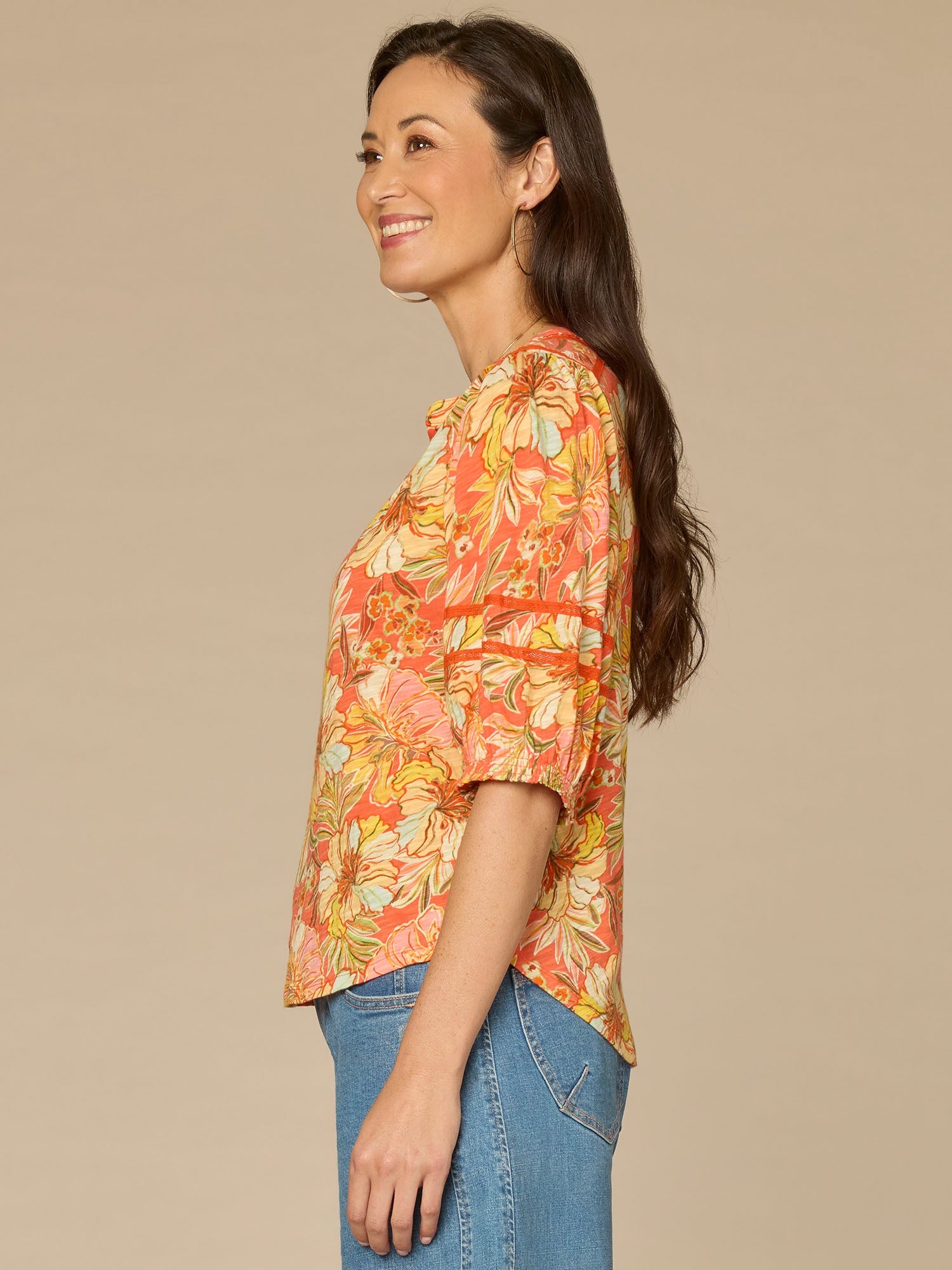 Blouson Sleeve Mandarin Collar Half Placket Floral Print Knit Top
