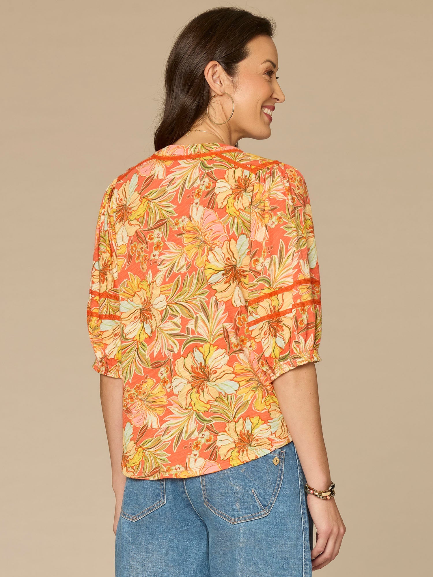 Blouson Sleeve Mandarin Collar Half Placket Floral Print Knit Top