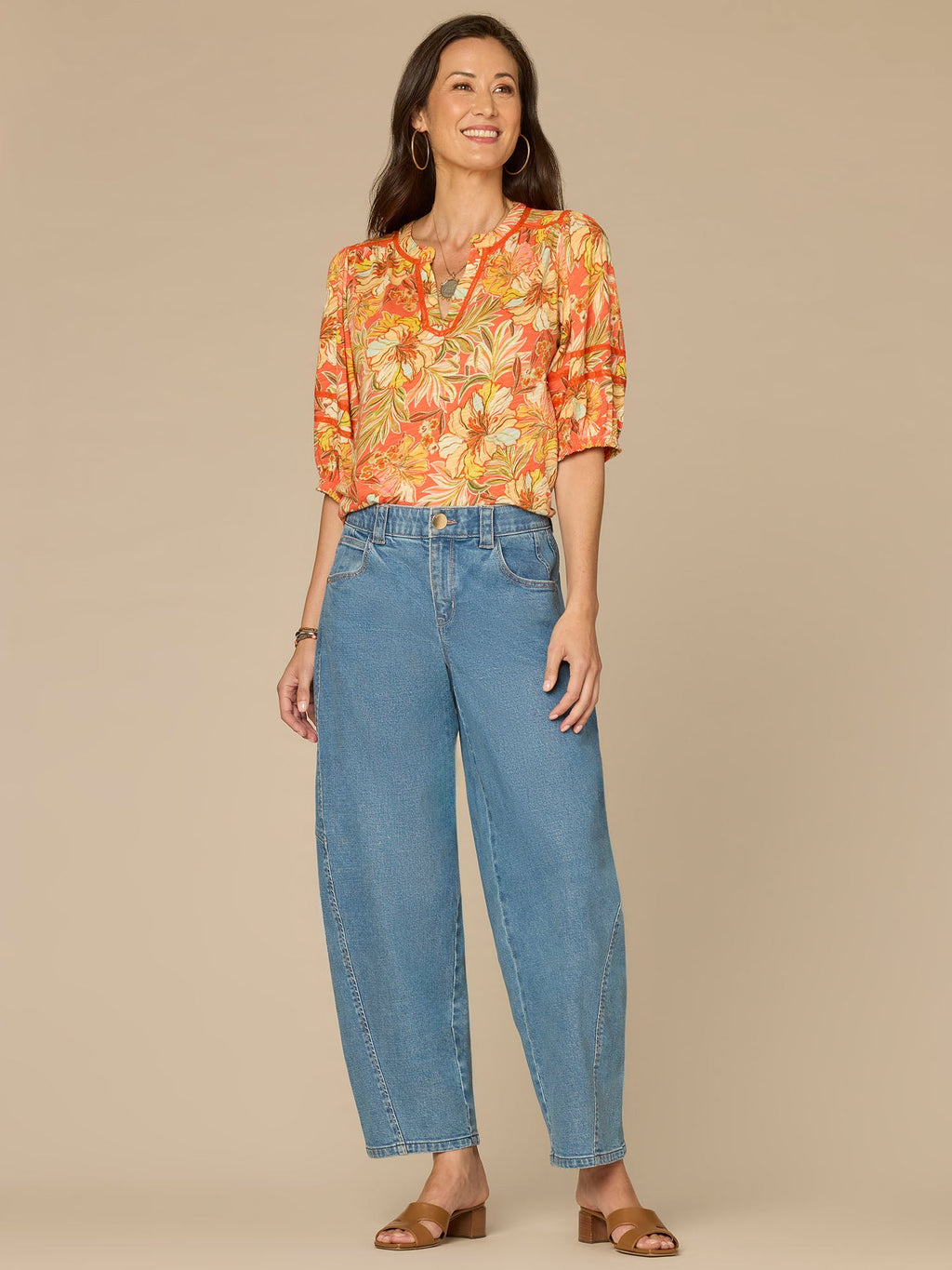 Blouson Sleeve Mandarin Collar Half Placket Floral Print Knit Top