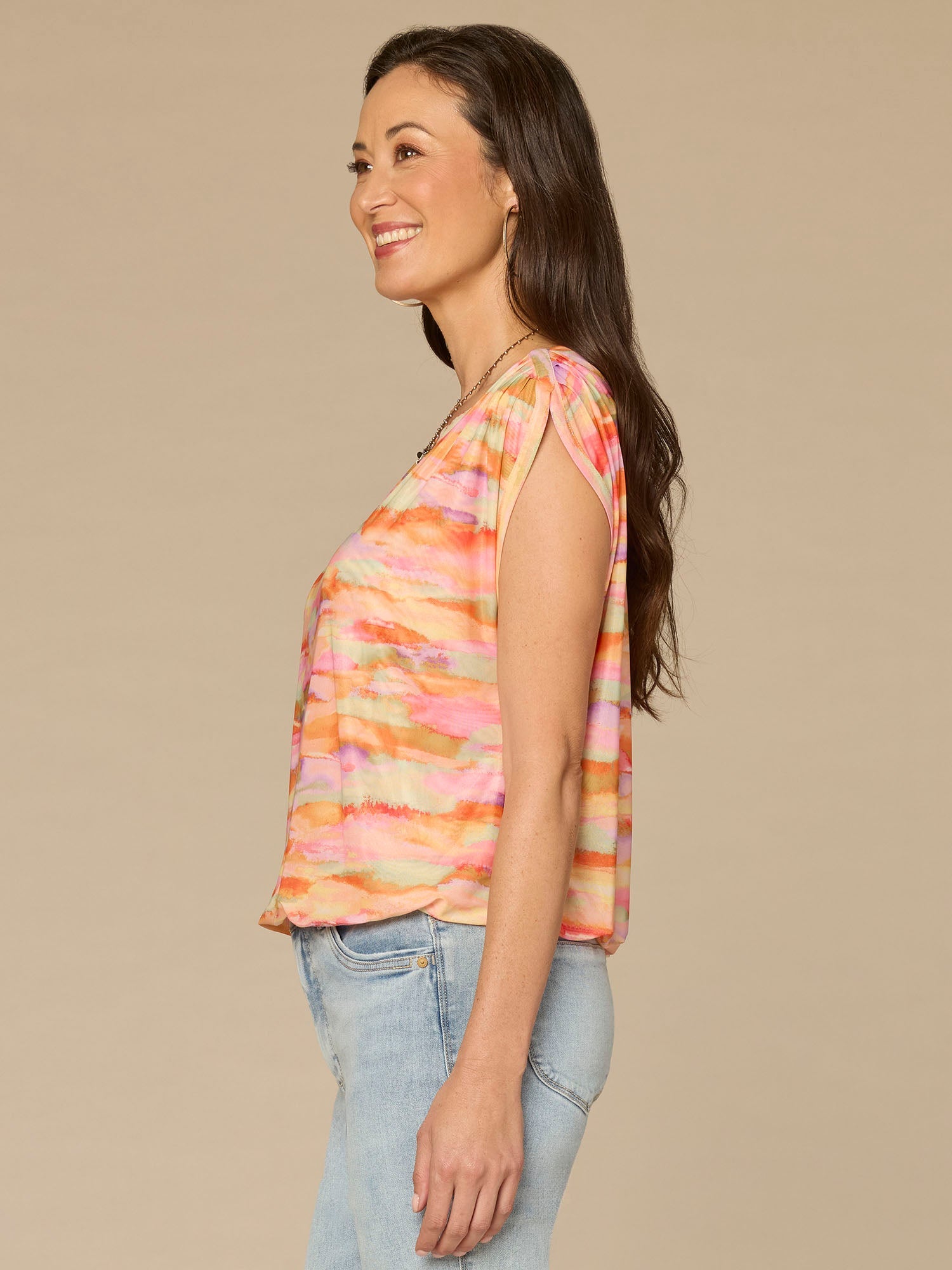 Extended Shoulder Boat Neck Bubble Hem Printed Petite Knit Top