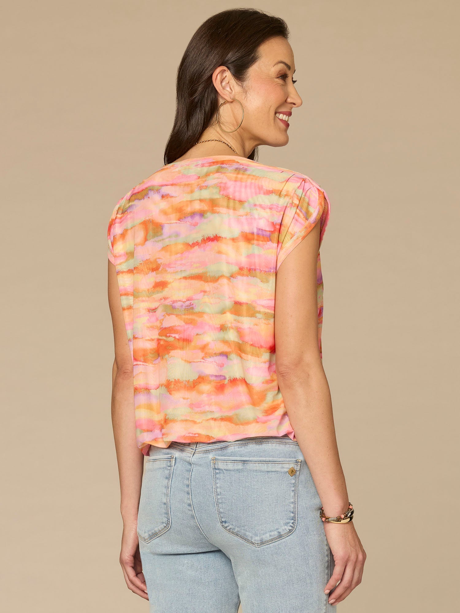 Extended Shoulder Boat Neck Bubble Hem Printed Knit Top