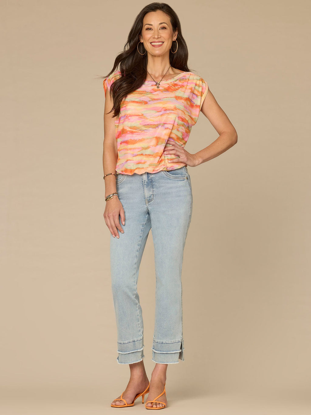 Extended Shoulder Boat Neck Bubble Hem Printed Knit Top
