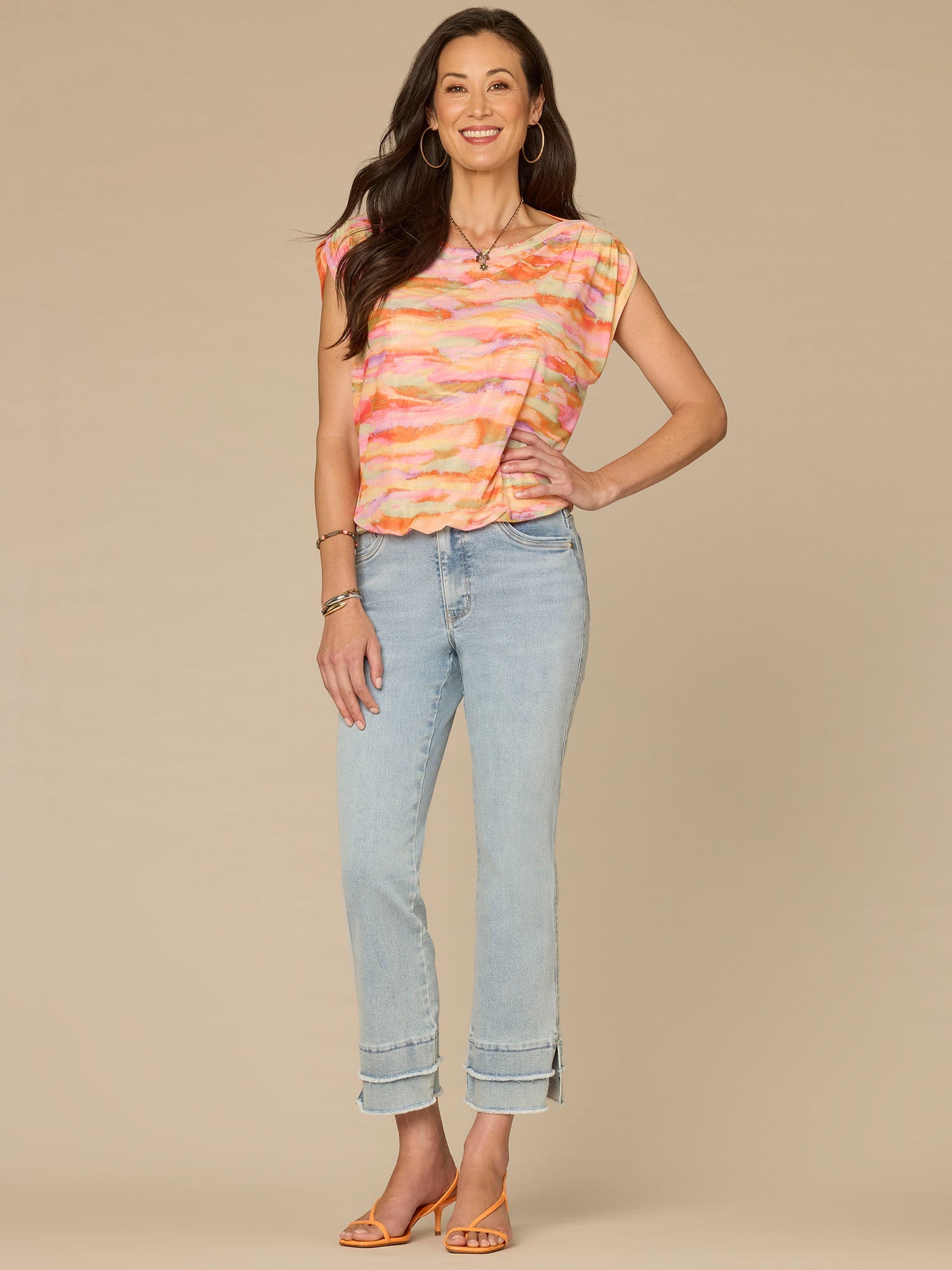 Extended Shoulder Boat Neck Bubble Hem Printed Petite Knit Top