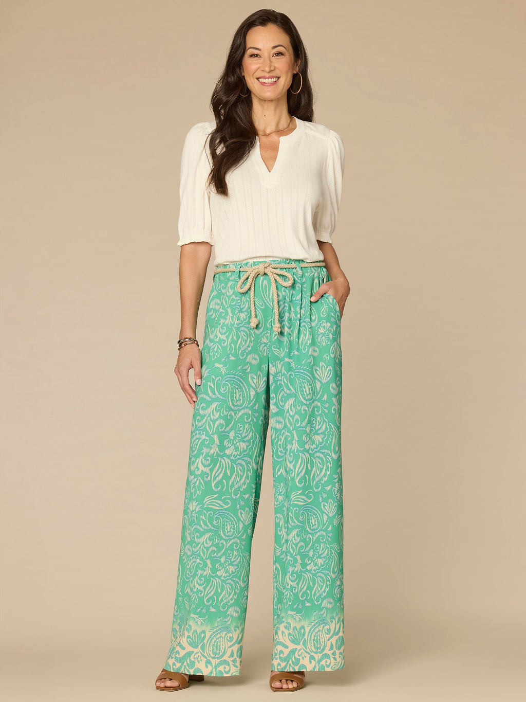 Elbow Puff Sleeve Mandarin Collar Half Placket Embroidered Knit Top