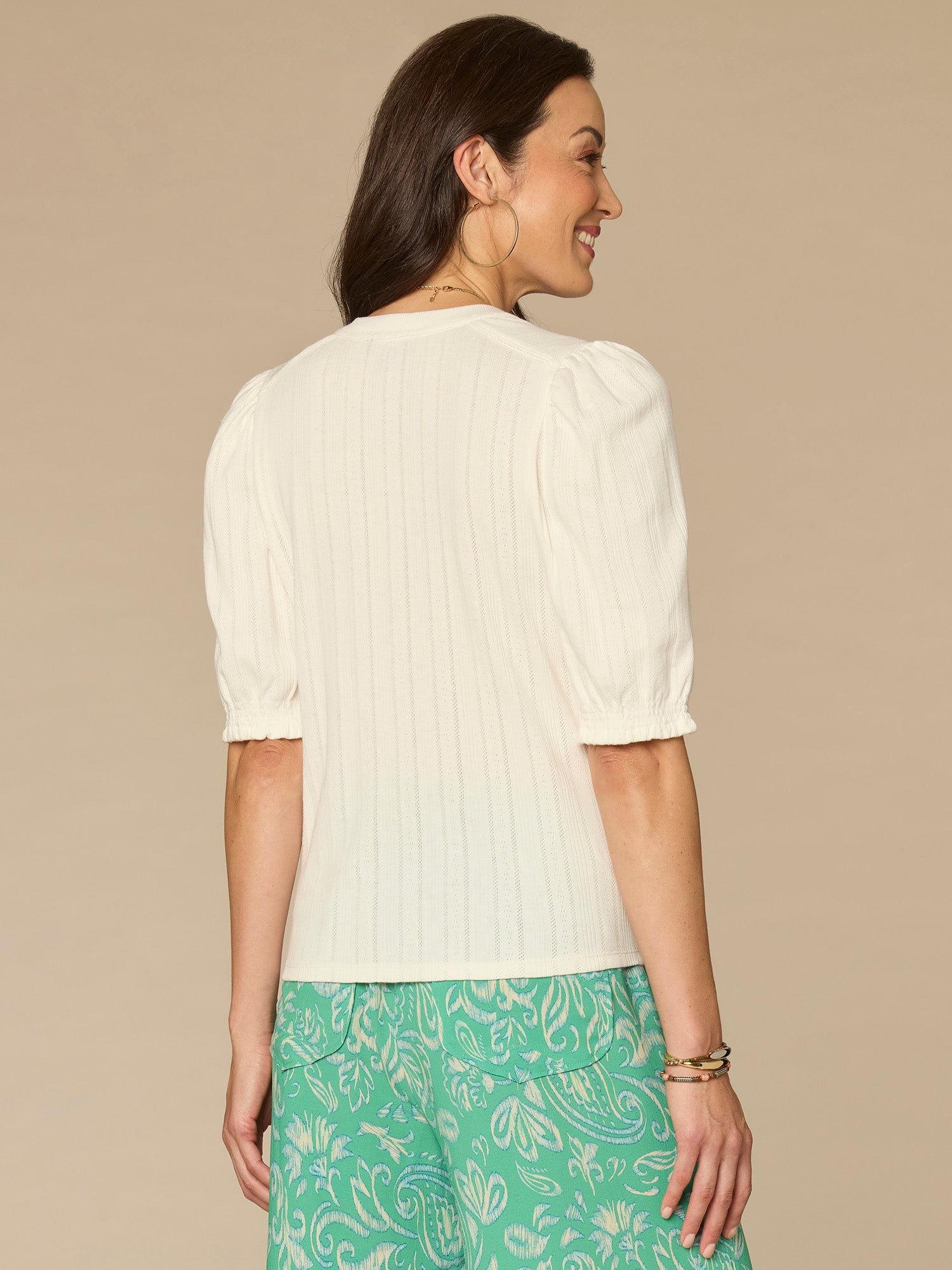 Elbow Puff Sleeve Mandarin Collar Half Placket Embroidered Knit Top