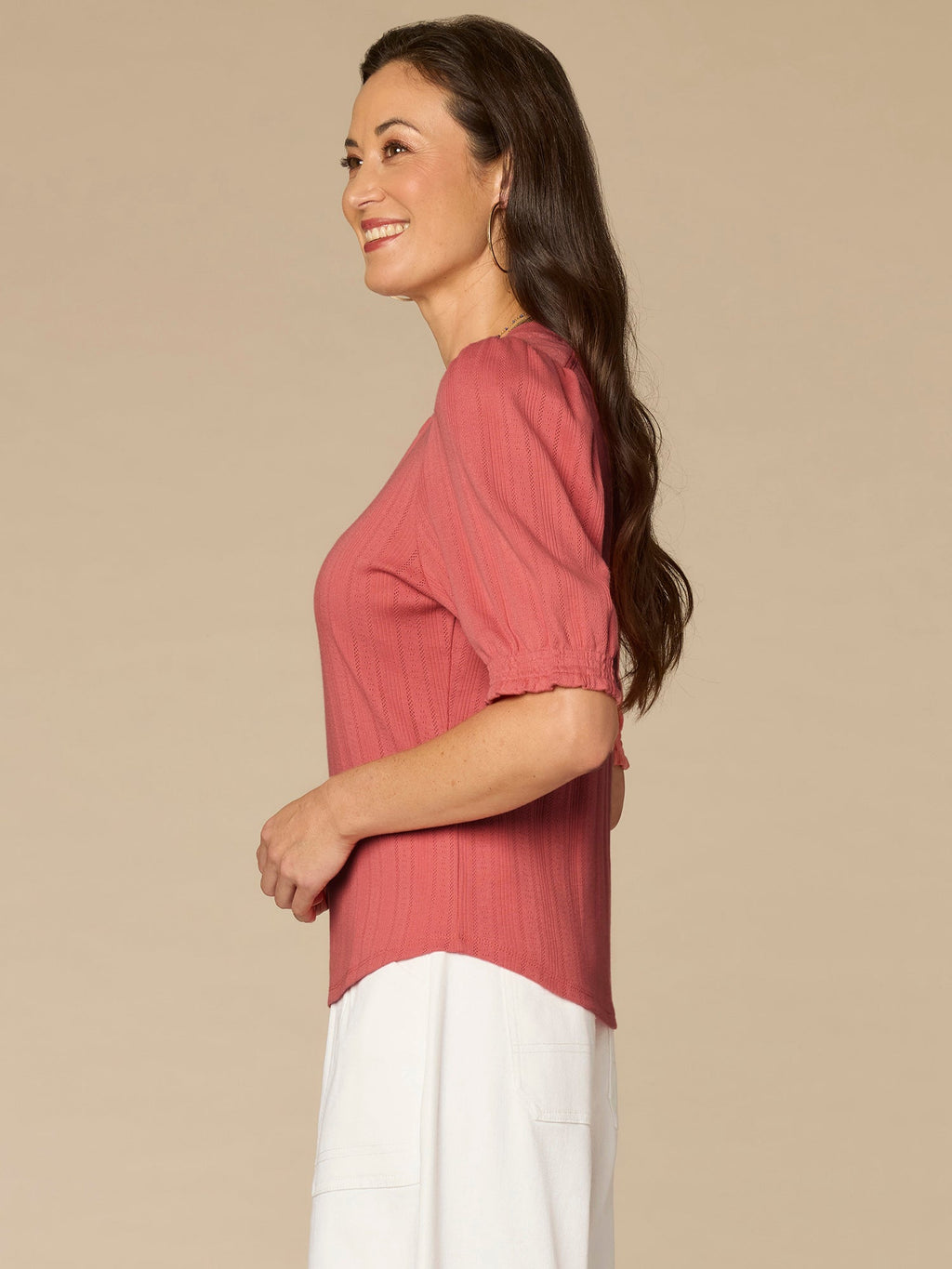 Elbow Sleeve Mandarin Collar Half Placket Embroidered Petite Knit Top