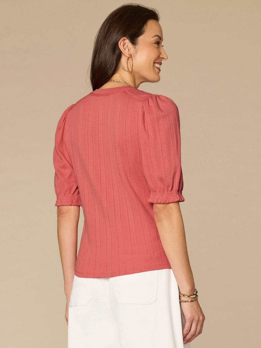 Elbow Sleeve Mandarin Collar Half Placket Embroidered Petite Knit Top