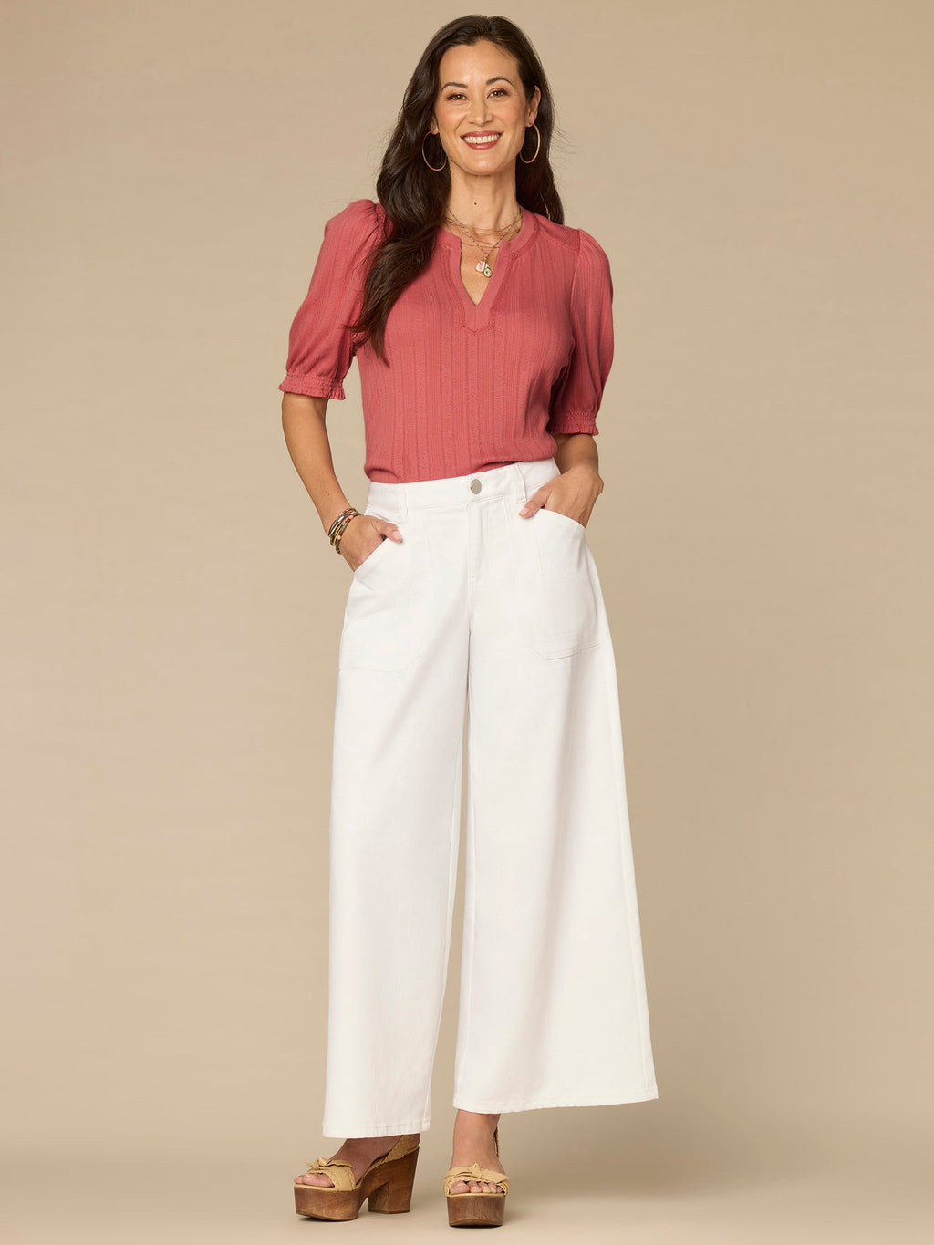 Elbow Puff Sleeve Mandarin Collar Half Placket Embroidered Knit Top