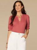 Elbow Puff Sleeve Mandarin Collar Half Placket Embroidered Knit Top