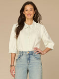 Below Elbow Ruffle Collar Neck Button Down Lyocell Denim Top