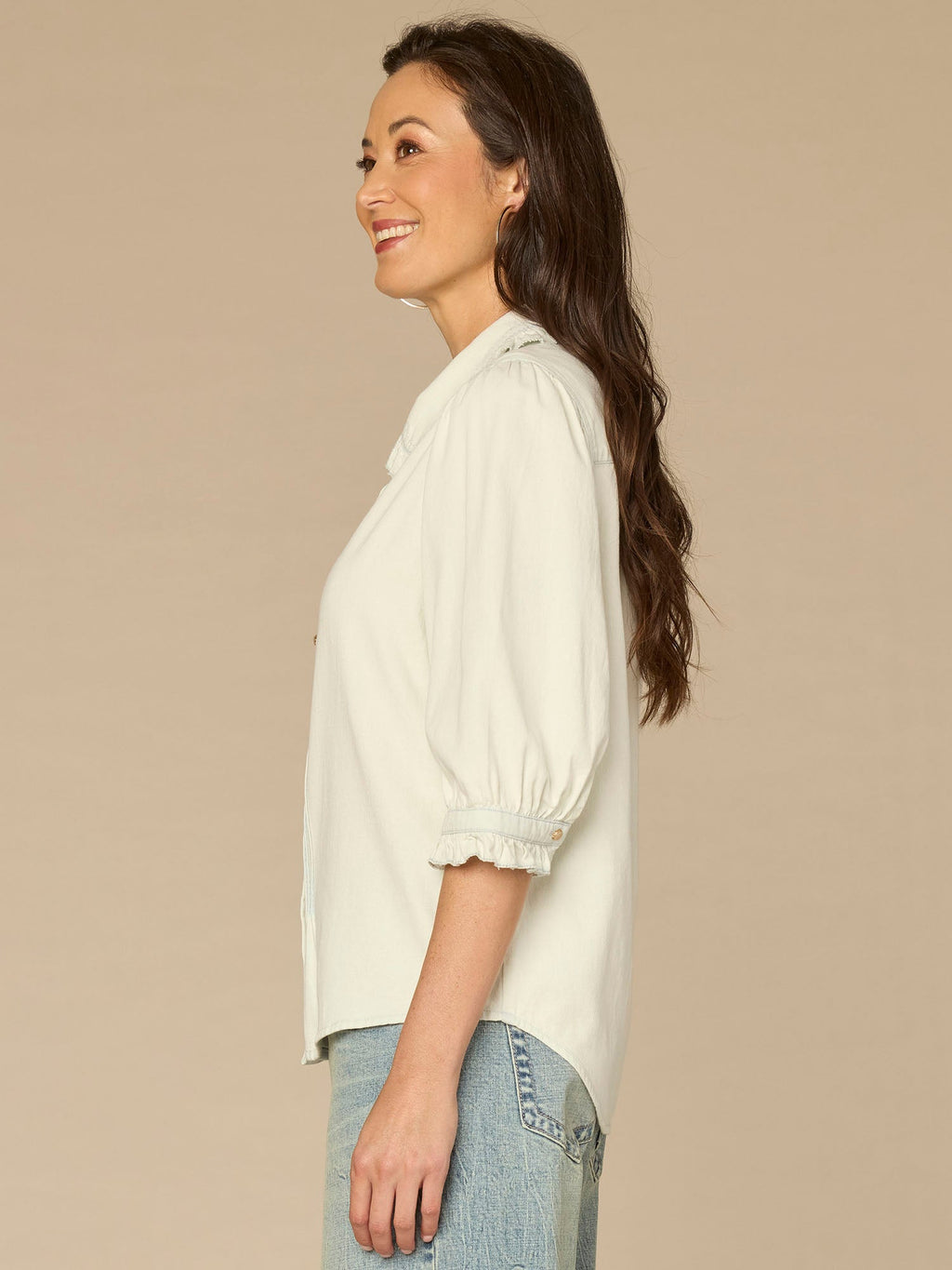 Below Elbow Ruffle Collar Neck Button Down Lyocell Denim Top