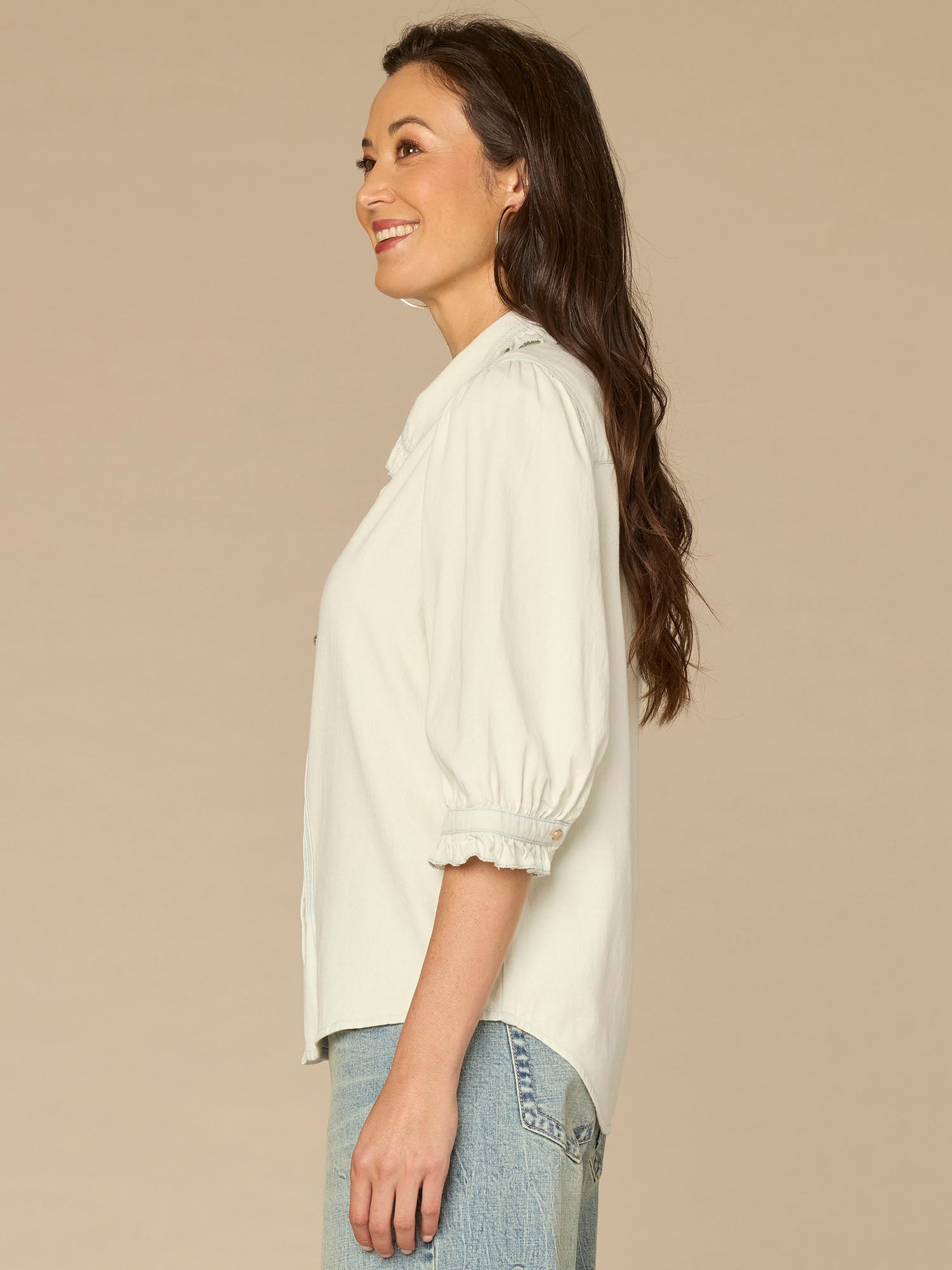 Below Elbow Ruffle Collar Neck Button Down Lyocell Denim Top
