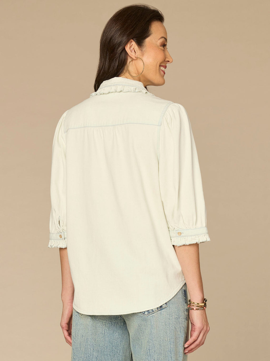 Below Elbow Ruffle Collar Neck Button Down Lyocell Denim Top