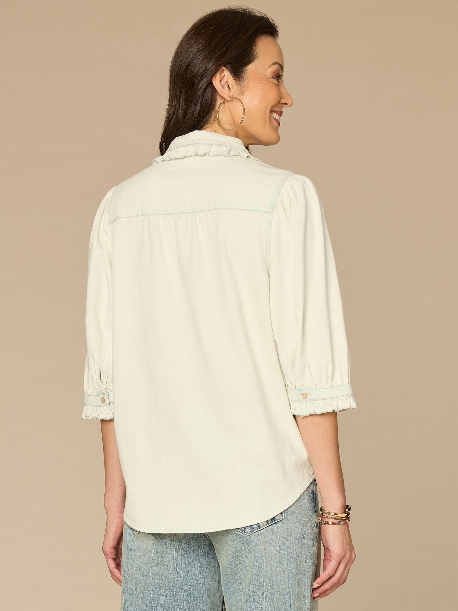 Below Elbow Ruffle Collar Neck Button Down Lyocell Denim Top