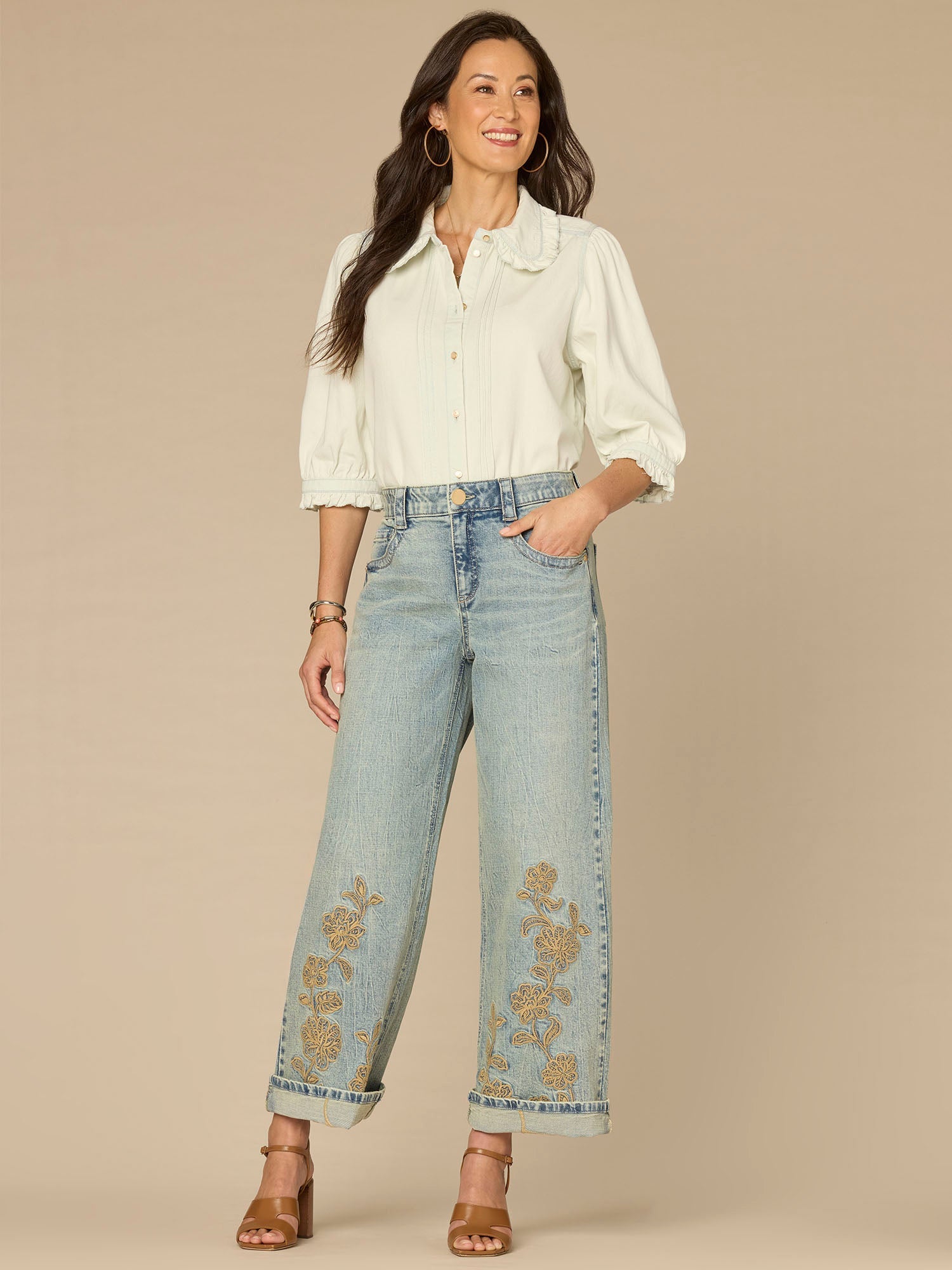 Below Elbow Ruffle Collar Neck Button Down Lyocell Denim Top