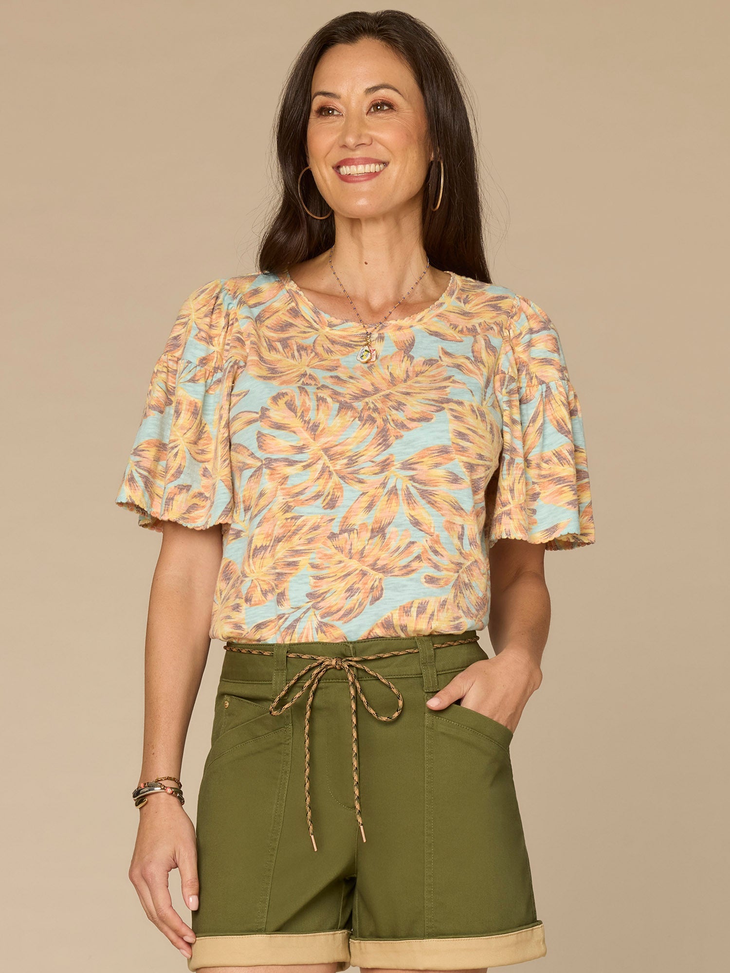 Elbow Bell Sleeve Scallop Scoop Neck Abstract Leaf Print Knit Top
