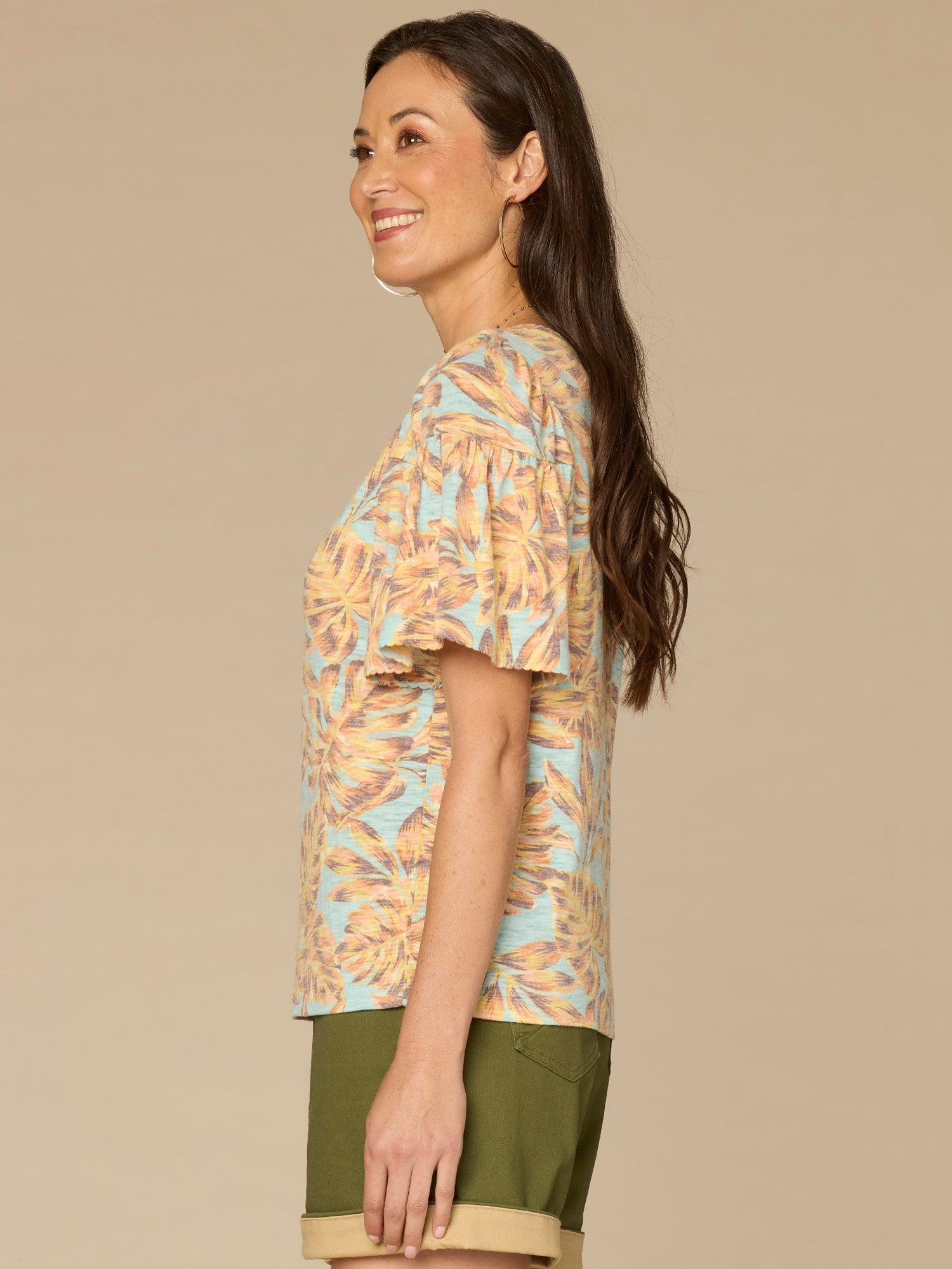 Elbow Bell Sleeve Scallop Scoop Neck Abstract Leaf Print Knit Top