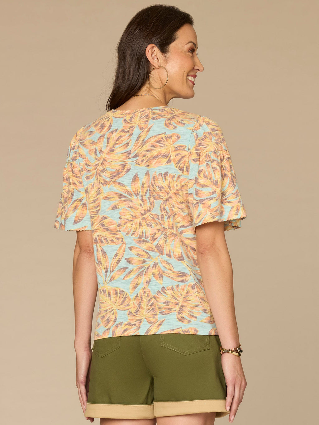 Elbow Bell Sleeve Scallop Scoop Neck Abstract Leaf Print Knit Top