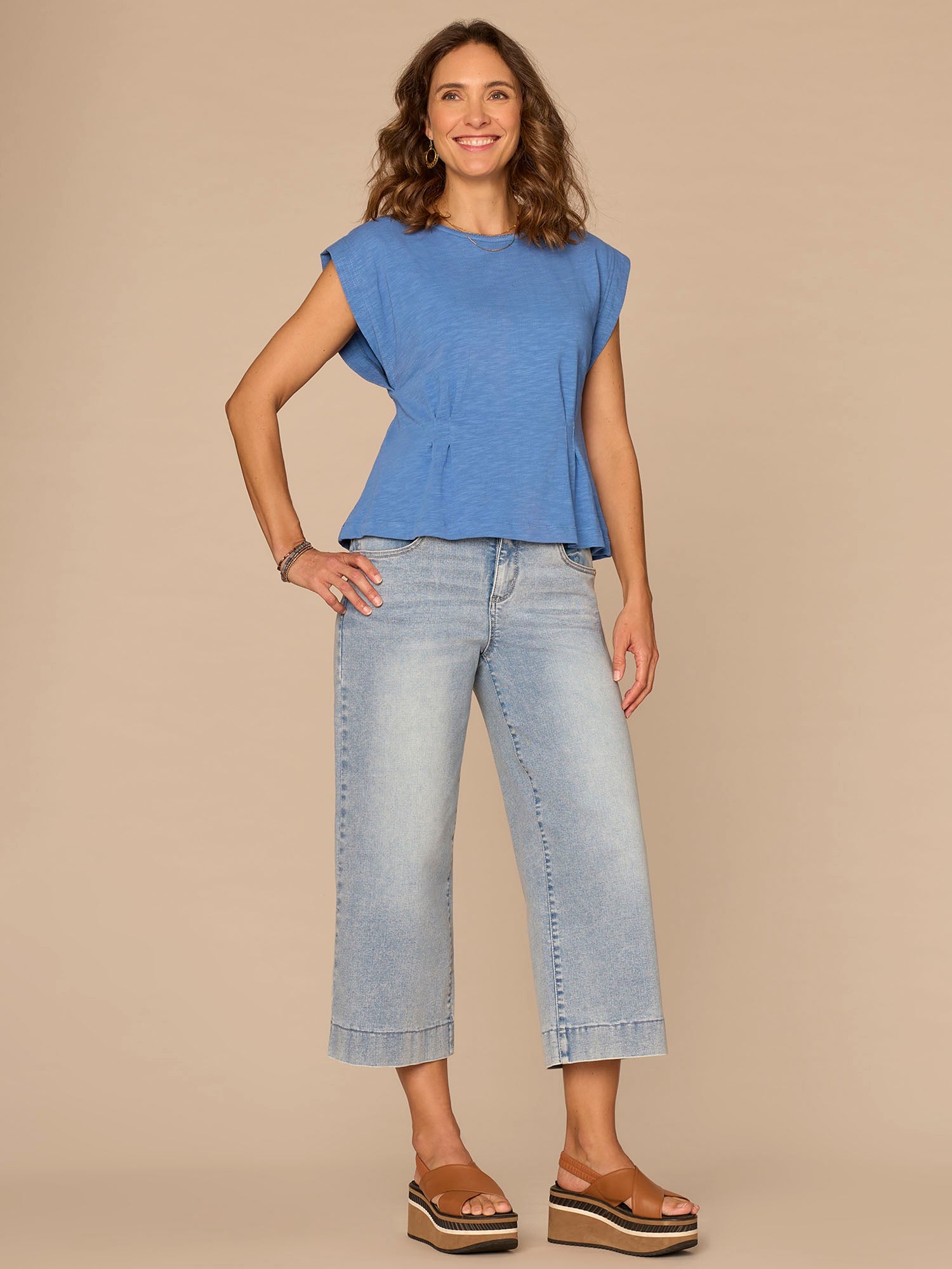Extended Sleeve Embroidered Scoop Neck Pleated Peplum Knit Top