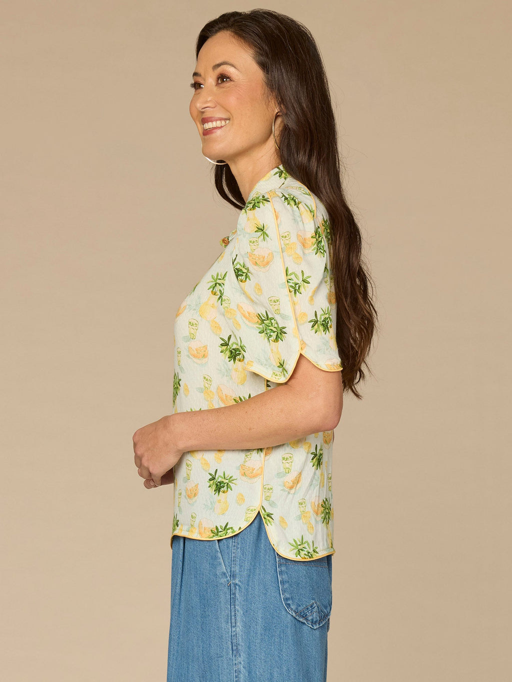 Above Elbow Puff Sleeve Scallop Collar Button Down Printed Woven Top