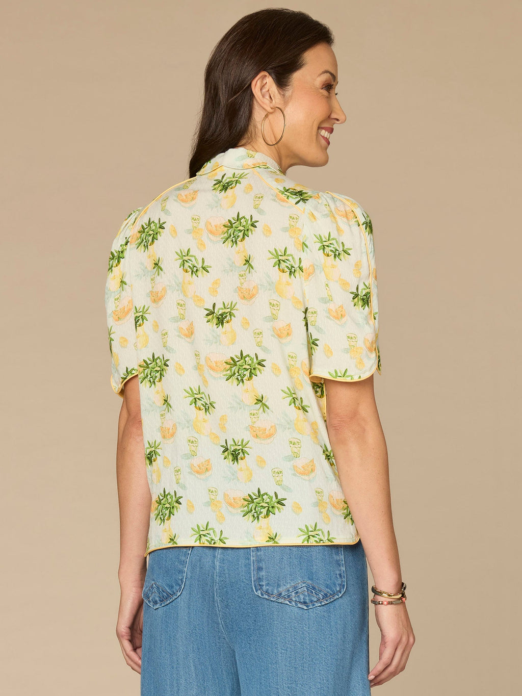 Above Elbow Puff Sleeve Scallop Collar Button Down Printed Woven Top
