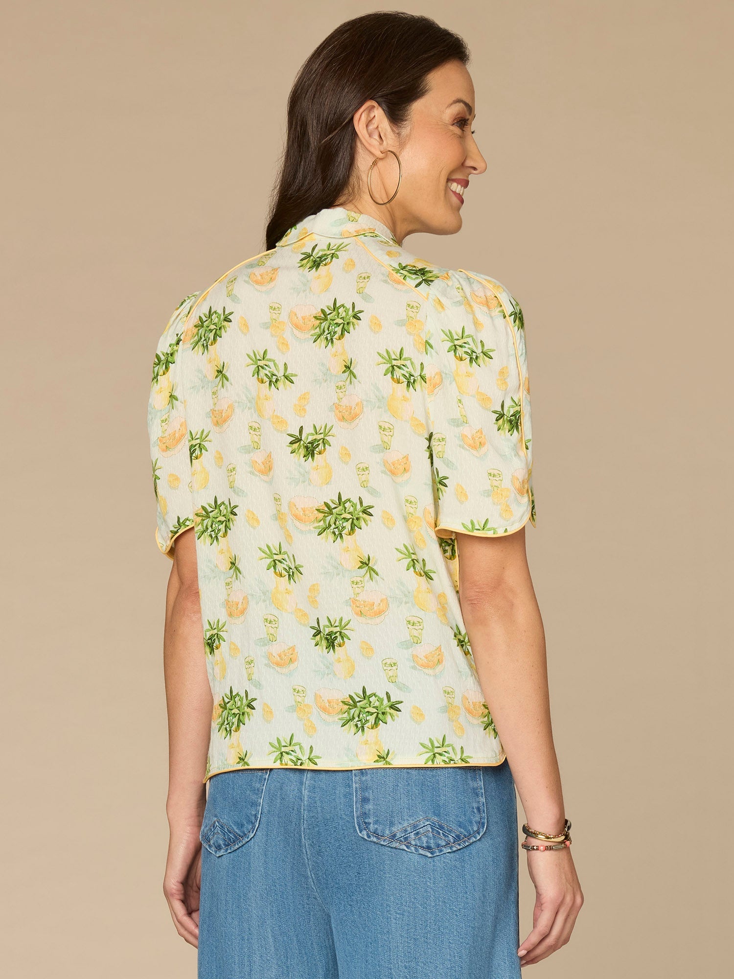 Above Elbow Puff Sleeve Scallop Collar Button Down Printed Woven Top