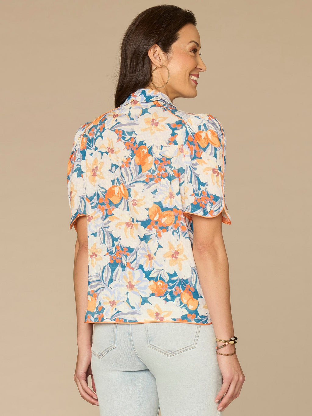 Above Elbow Puff Sleeve Scallop Collar Button Down Printed Woven Top