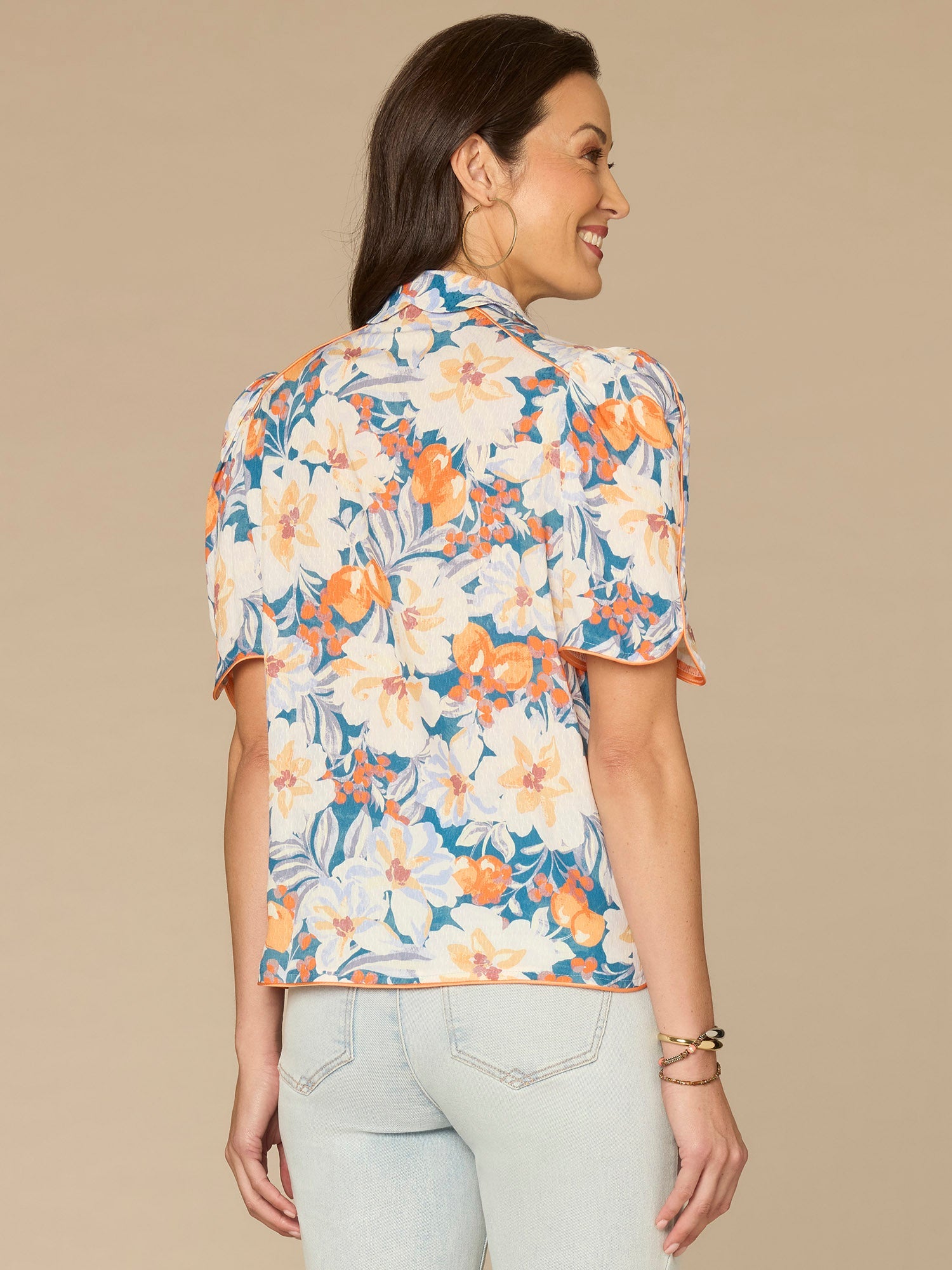 Above Elbow Puff Sleeve Scallop Collar Button Down Printed Woven Top